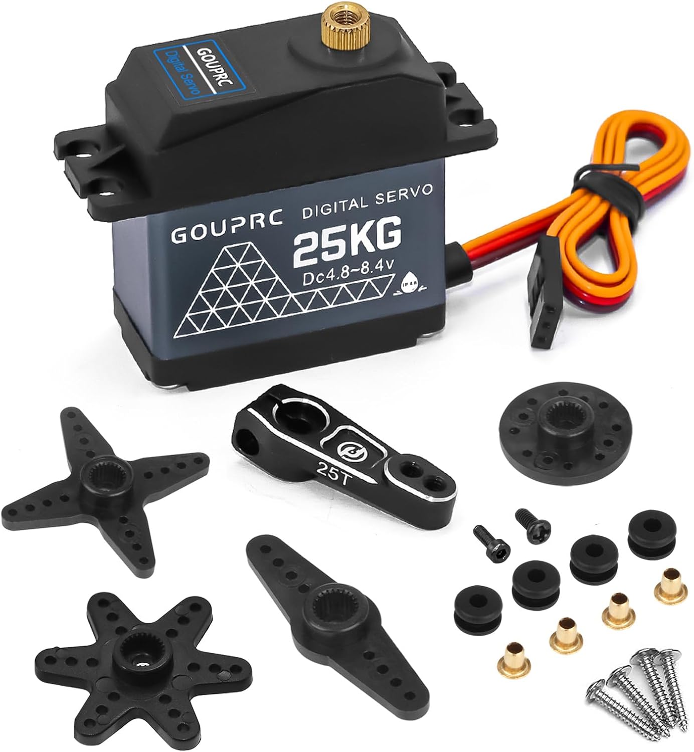 GOUPRC – Servo digital de alto par de torsión de 55.1 lbs, resistente al agua y de acero inoxidable, servo brazo servo 25T para servo de coche a