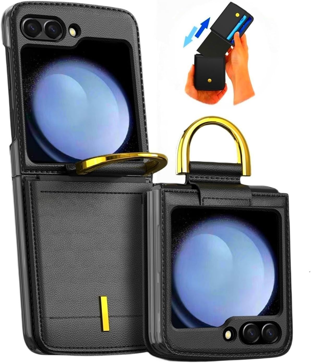 BAILI Funda tipo cartera de piel para Galaxy Z Flip5, funda para Galaxy Z Flip5 con ranura para tarjeta y anillo, funda ligera de lujo para Galaxy Z