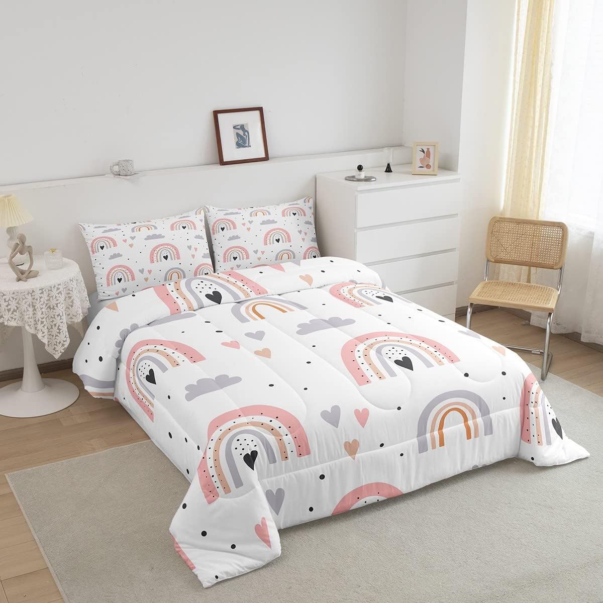 Juego de ropa de cama tamaño Queen con diseño de arco iris para niñas, juego de edredón Kawaii de nube de 3 piezas con 2 fundas de almohada, edredón