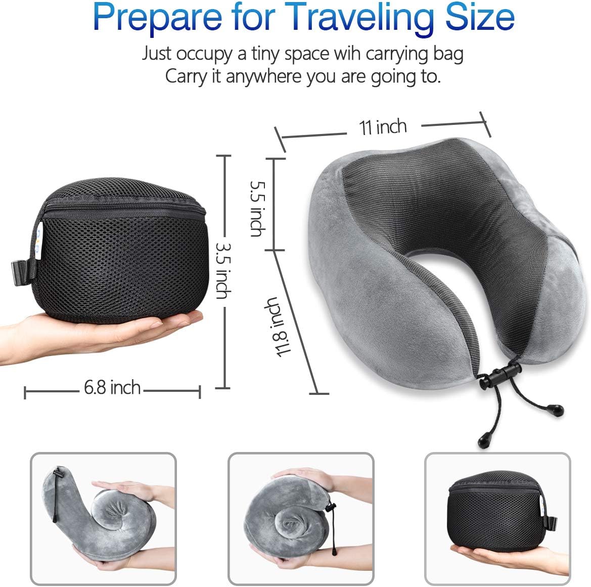 DYD Almohada de viaje de espuma viscoelástica para el cuello para avión, funda de terciopelo lavable, almohada ergonómica de apoyo para el cuello