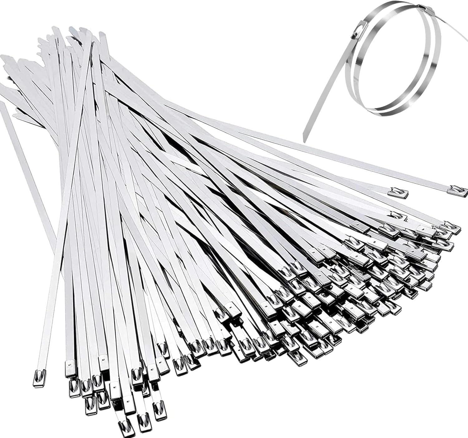 Bridas de metal de 11.8 pulgadas, resistentes de acero inoxidable, correas de acero inoxidable multifuncionales, autobloqueantes, 100 unidades