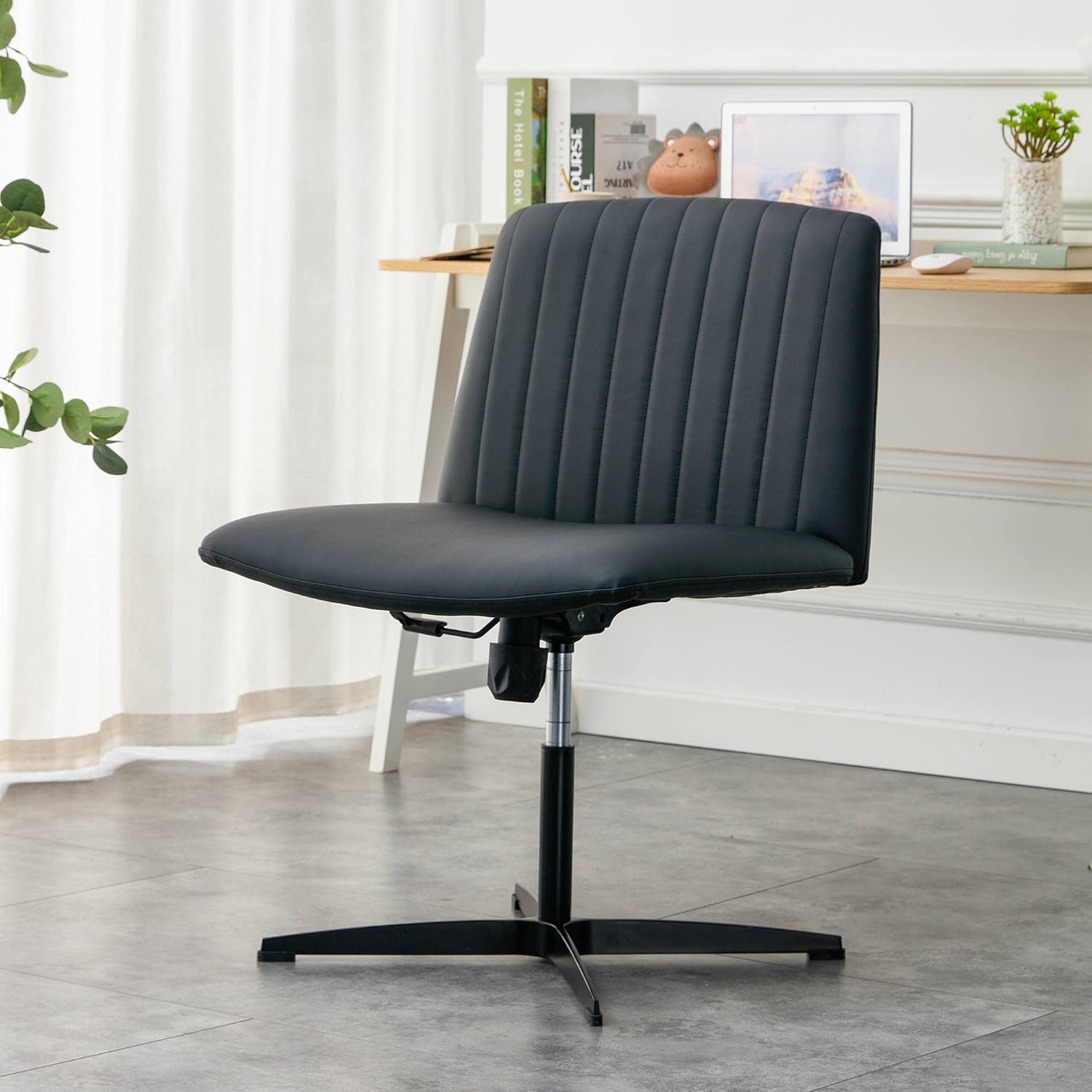 Silla de escritorio de oficina sin reposabrazos, silla giratoria ajustable de poliuretano cruzado con 105 a 120 reclinable elástico y acolchado de