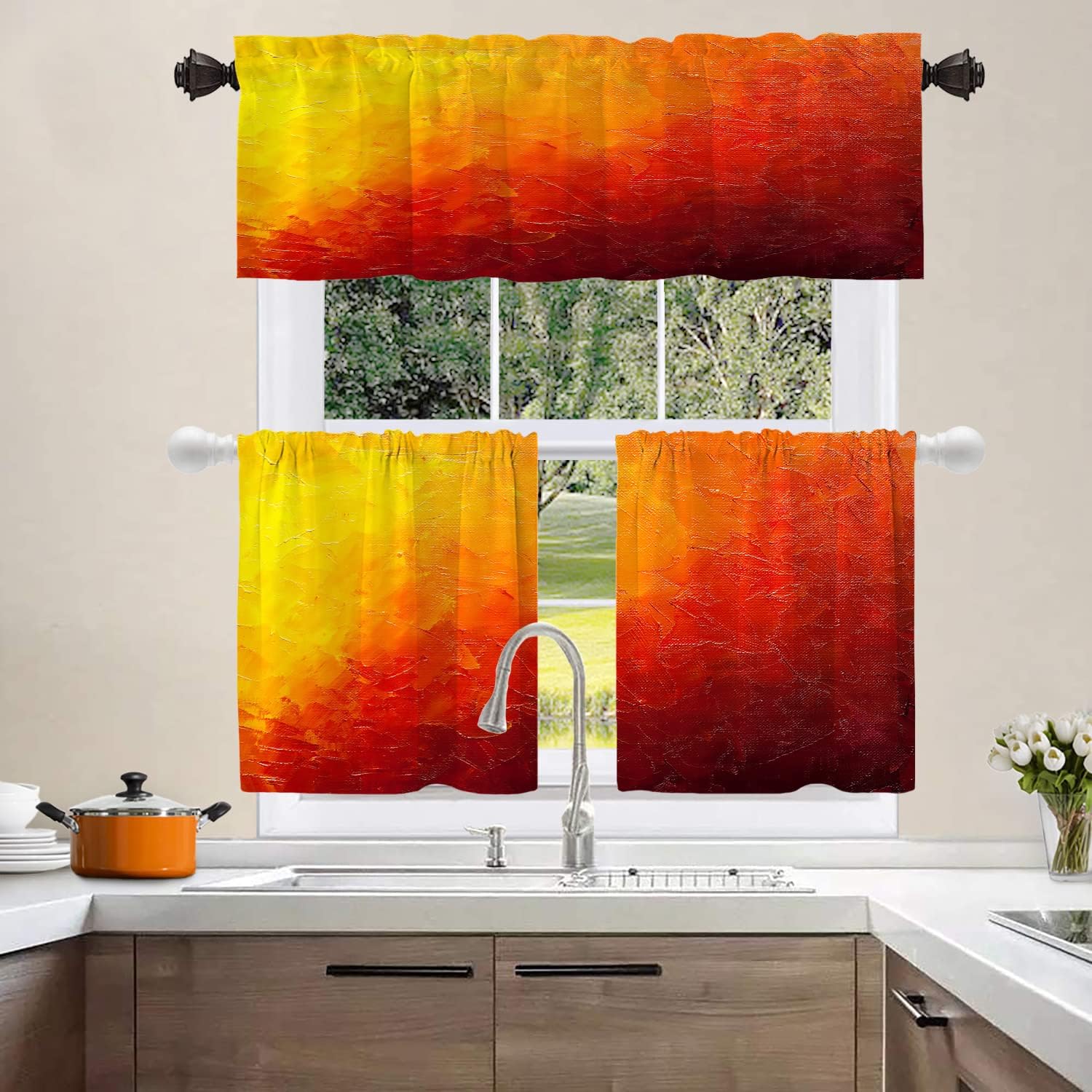 Shrahala Cenefas de cocina estilo grunge rojo naranja, color naranja degradado, pintura al óleo retro grunge, cortina de media ventana, tratamiento