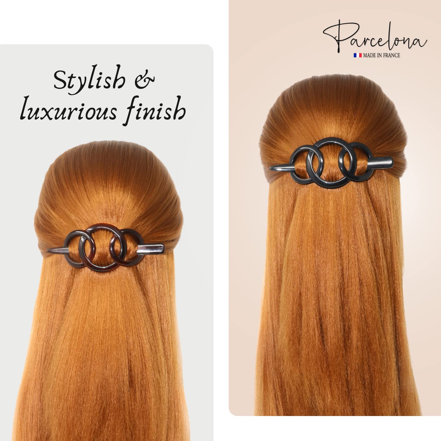 Parcelona Pasador deslizante de pelo de celuloide francés de 3.5 pulgadas con triple anillo, pasador, pasador antideslizante, cola de caballo para