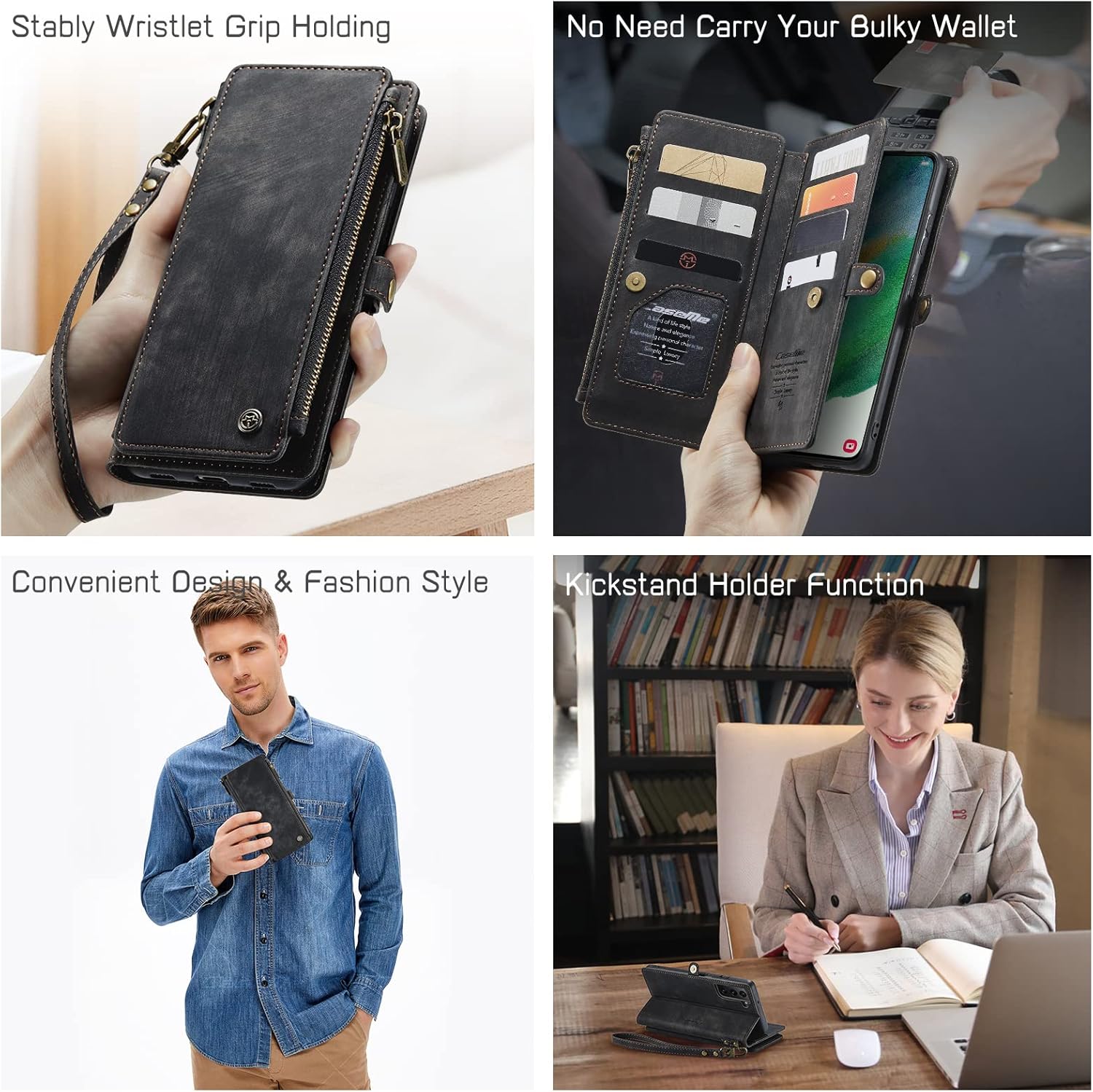 Defencase Funda para Samsung Galaxy S21 FE, para Galaxy S21 FE 5G, cartera para mujeres y hombres, correa magnética de piel sintética duradera, con