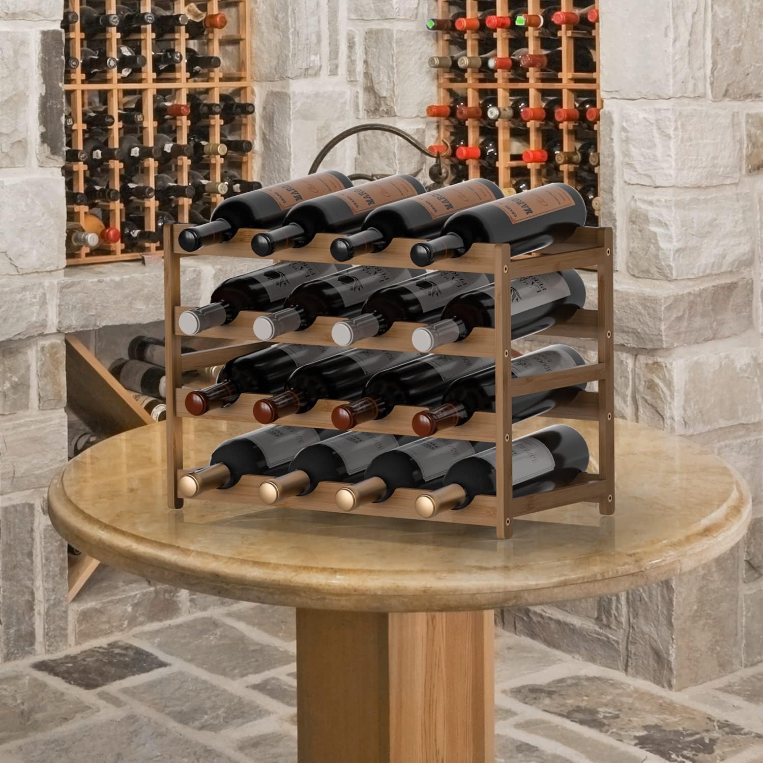 Ruichang Estante de vino resistente para encimera de vino, soporte de bambú para botellas de vino, estantes de almacenamiento de vino, soportes para