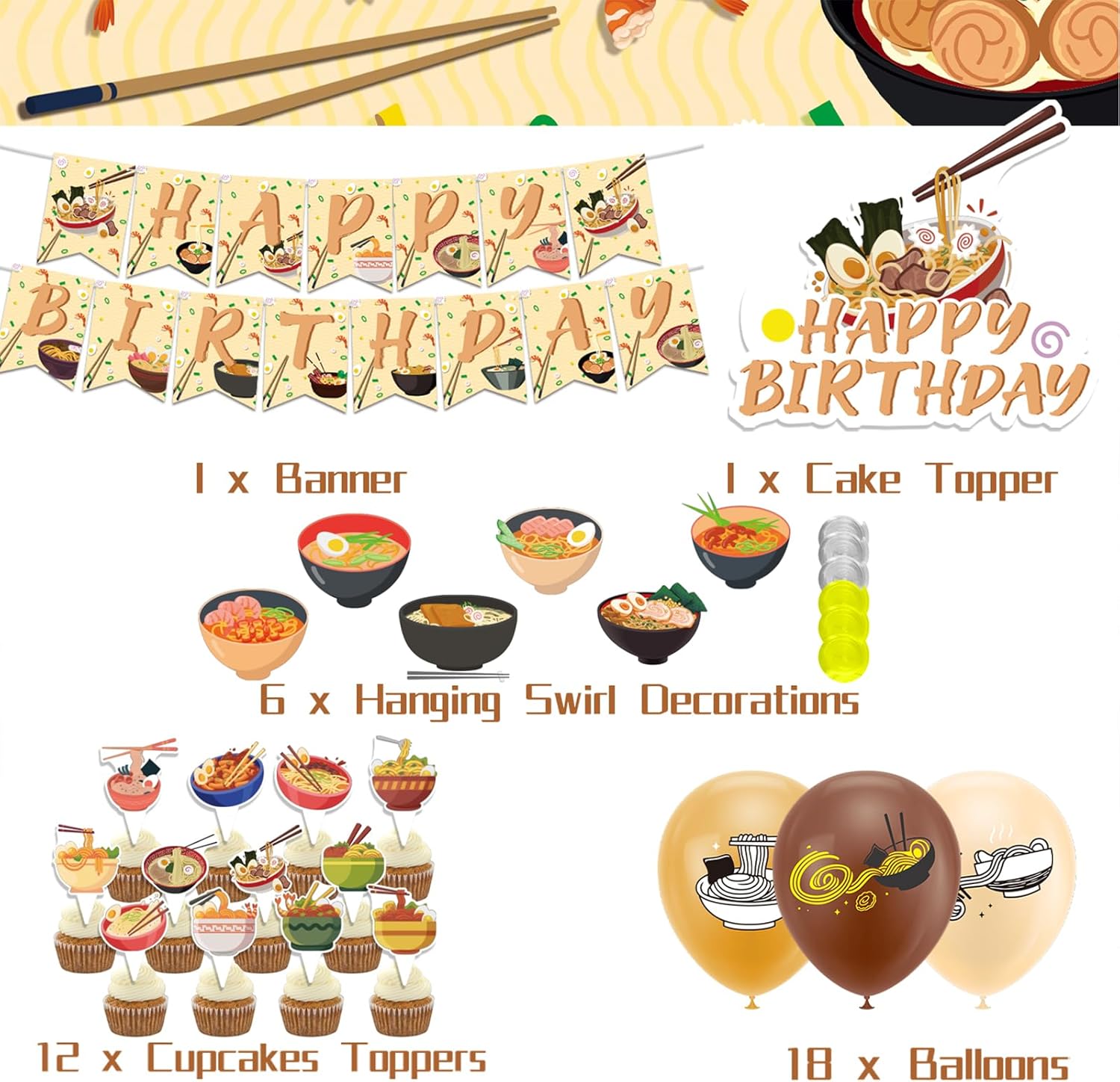 Decoraciones de fiesta de ramen, fideos japoneses, decoraciones de cumpleaños, incluye ramen de feliz cumpleaños, decoración de cupcakes, decoración