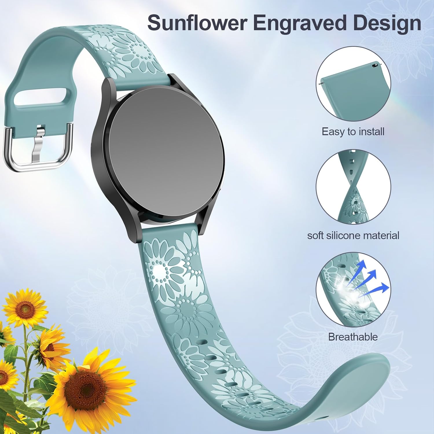 Correa grabada de girasol compatible con Samsung Galaxy Watch 6 5 4 1.575 in 1.732 in5 Pro 1.772 inWatch 6 4 Classic 1.693 in 1.850 in 1.654 in