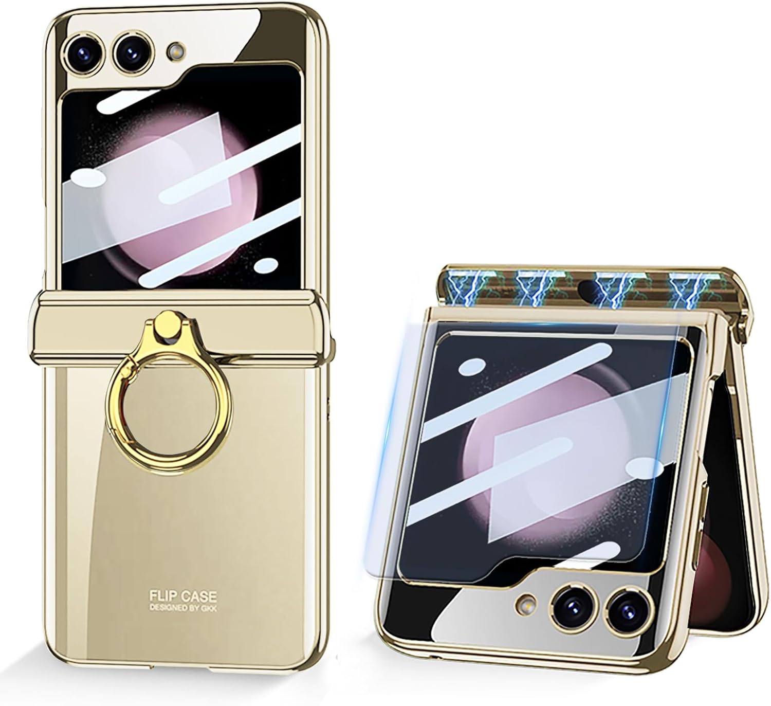 Funda transparente para Samsung Galaxy Z Flip 5 con protección magnética de bisagra, soporte de anillo y protector de pantalla externo,