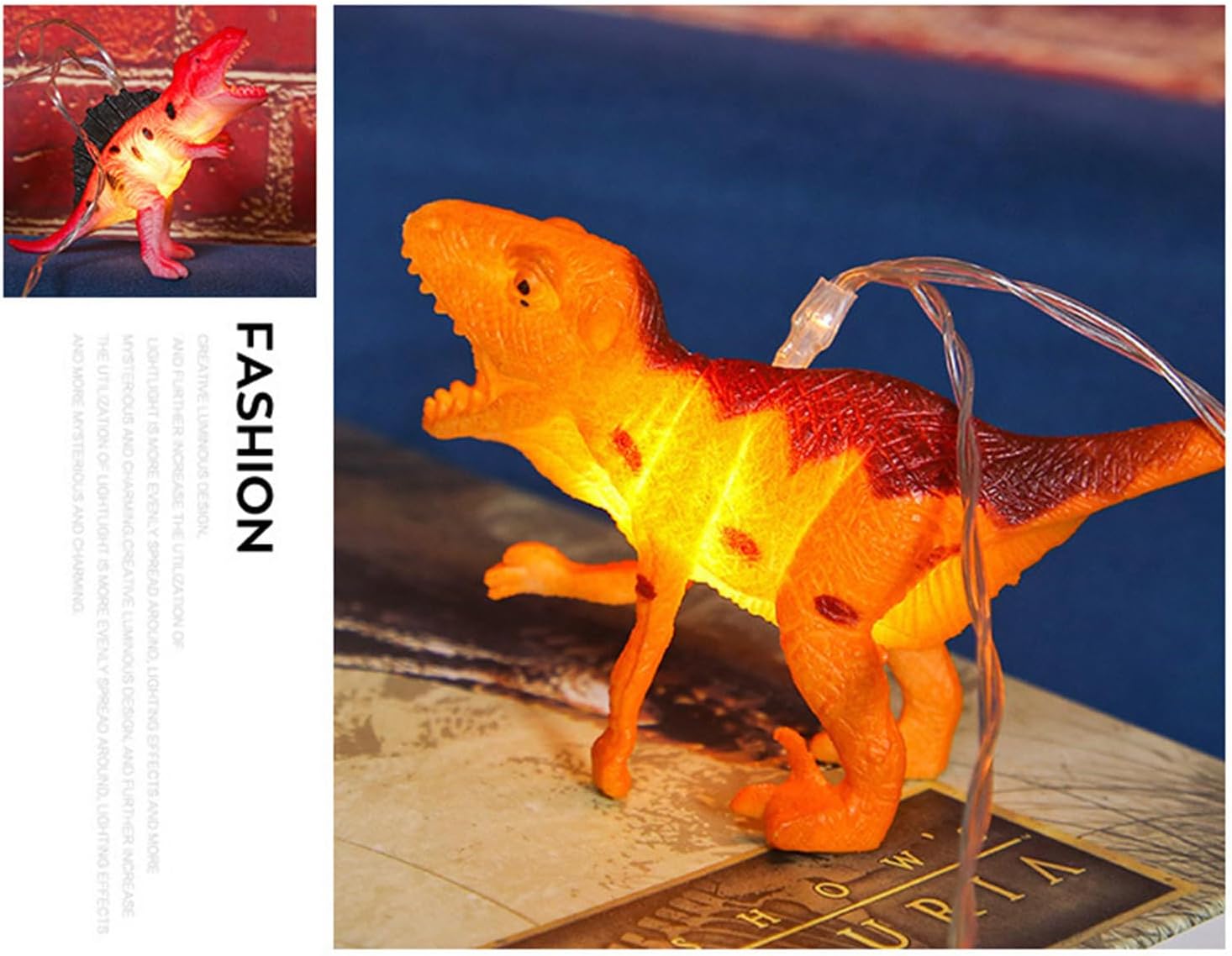 Cadena de 10 luces LED de dinosaurio de 4.92 pies, tira de luces de dinosaurio con dinosaurios brillantes, luz de dinosaurio de aspecto realista,