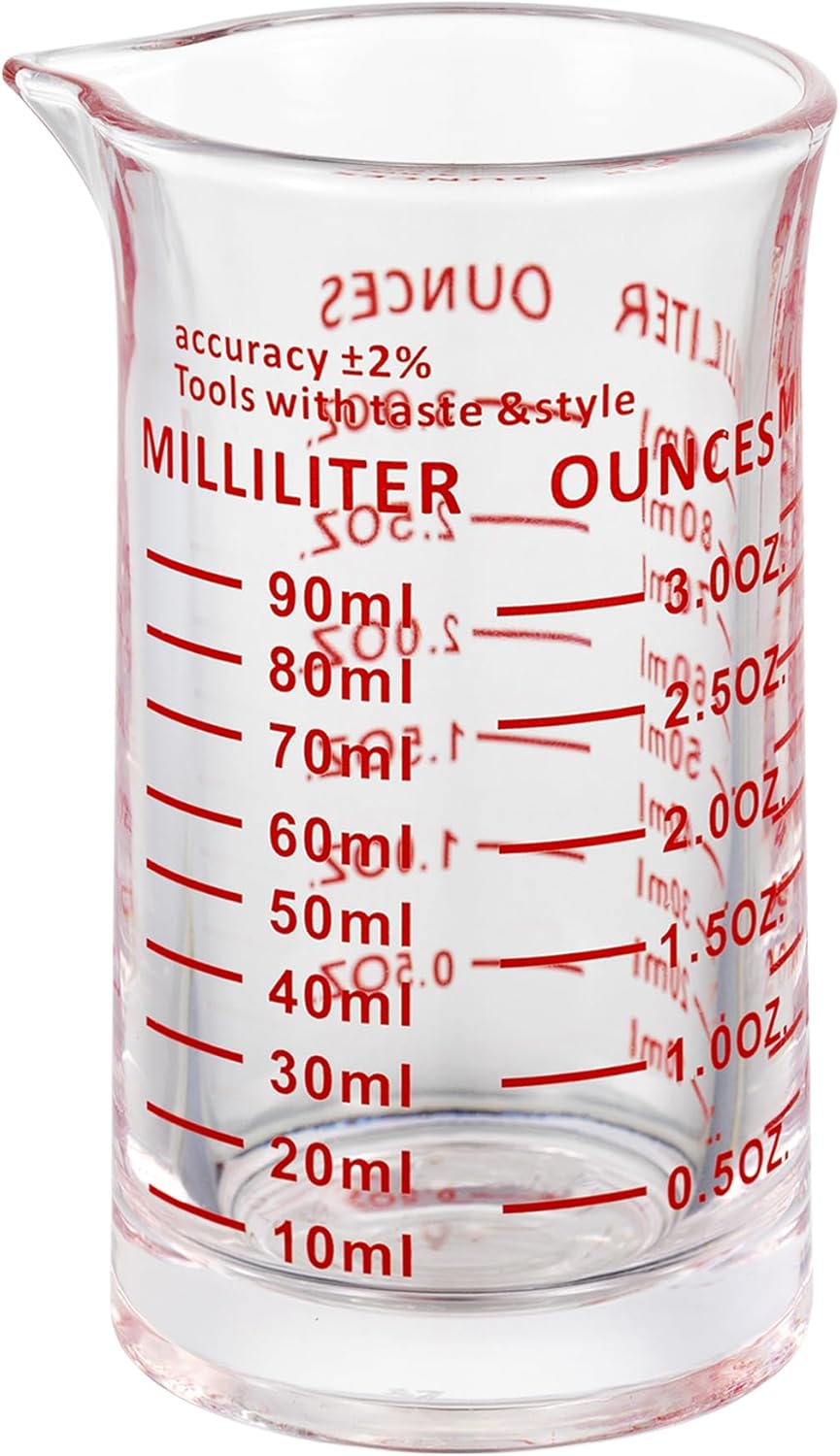 Vaso de medición de vidrio de chupito 3 onzas90ML líquido pesado alto taza de vidrio espresso línea roja