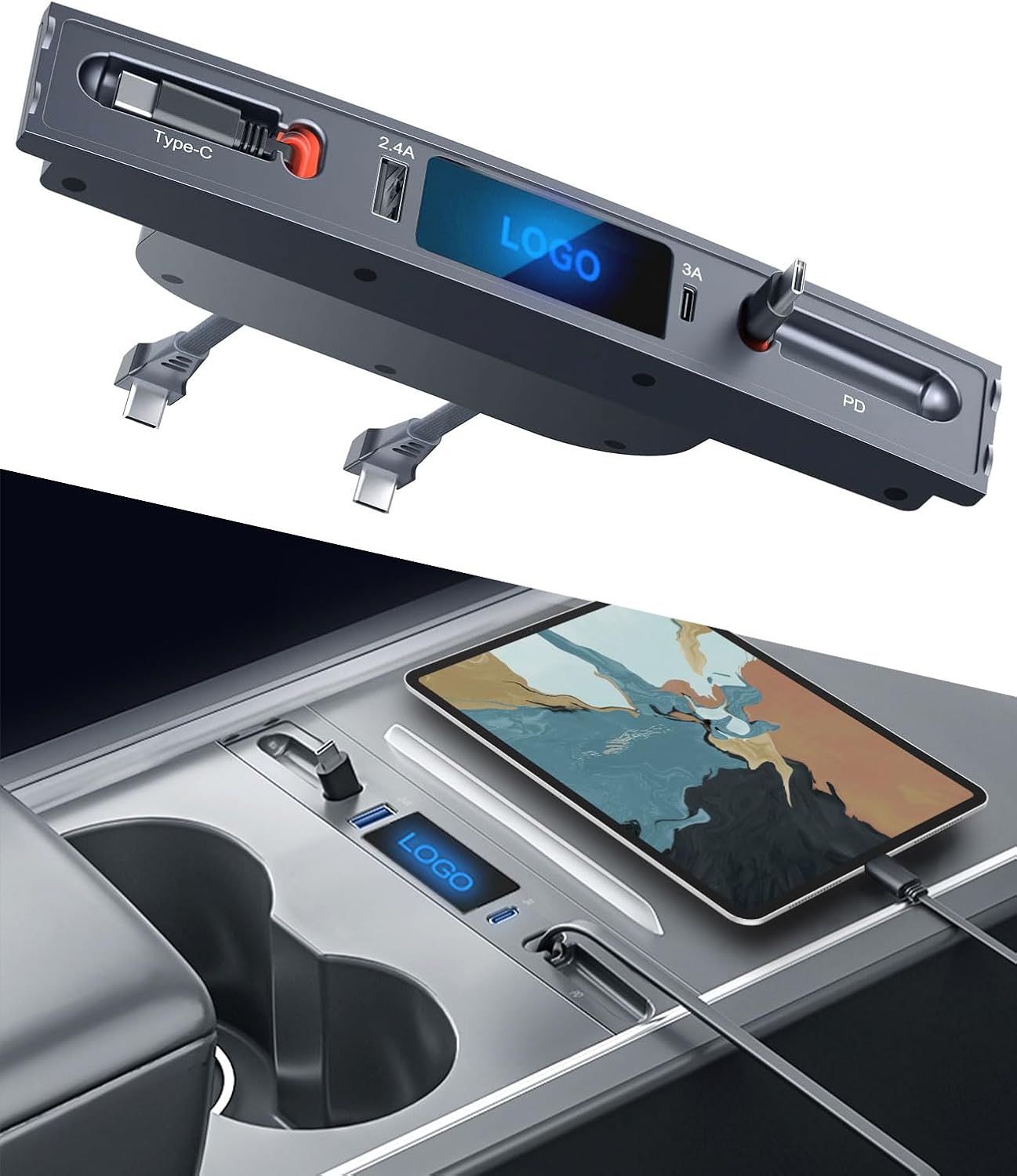 WinDu Cargador USB de coche para Tesla Modelo 3 Modelo Y 2021 2022 2023, estación de acoplamiento USB Hub con retráctil dual 20W Tipo-C para Tesla