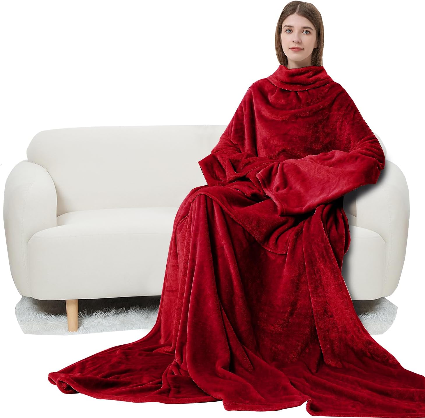 Manta de forro polar con mangas y bolsillo para el pie para adultos, mujeres y hombres, manta ligera de felpa suave para TV con mangas y velcro