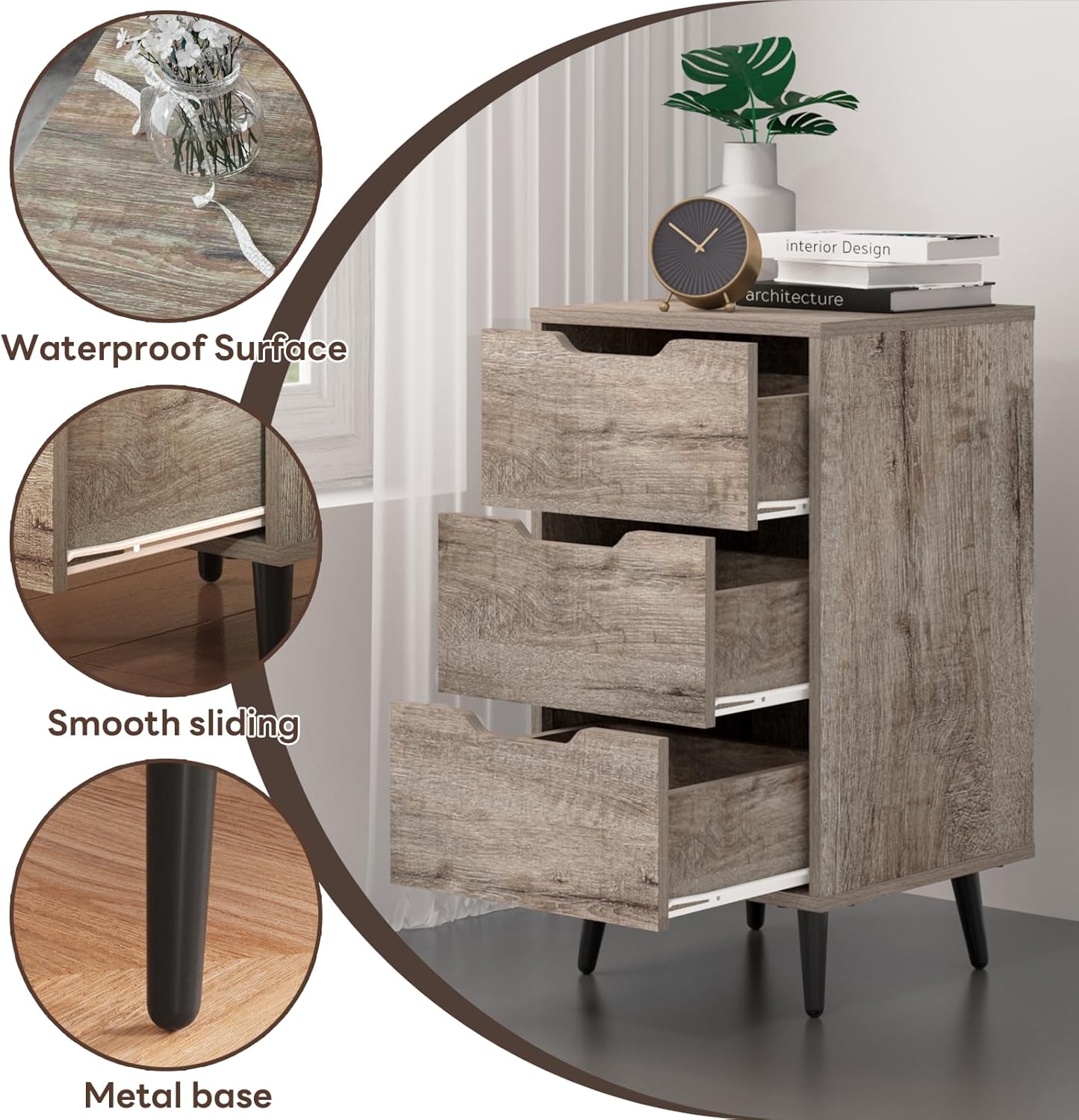 Maxtown Cómoda de 3 cajones, cómoda, cómoda moderna para dormitorio con patas de metal, juego de cómoda para sala de estar, cómoda alta con