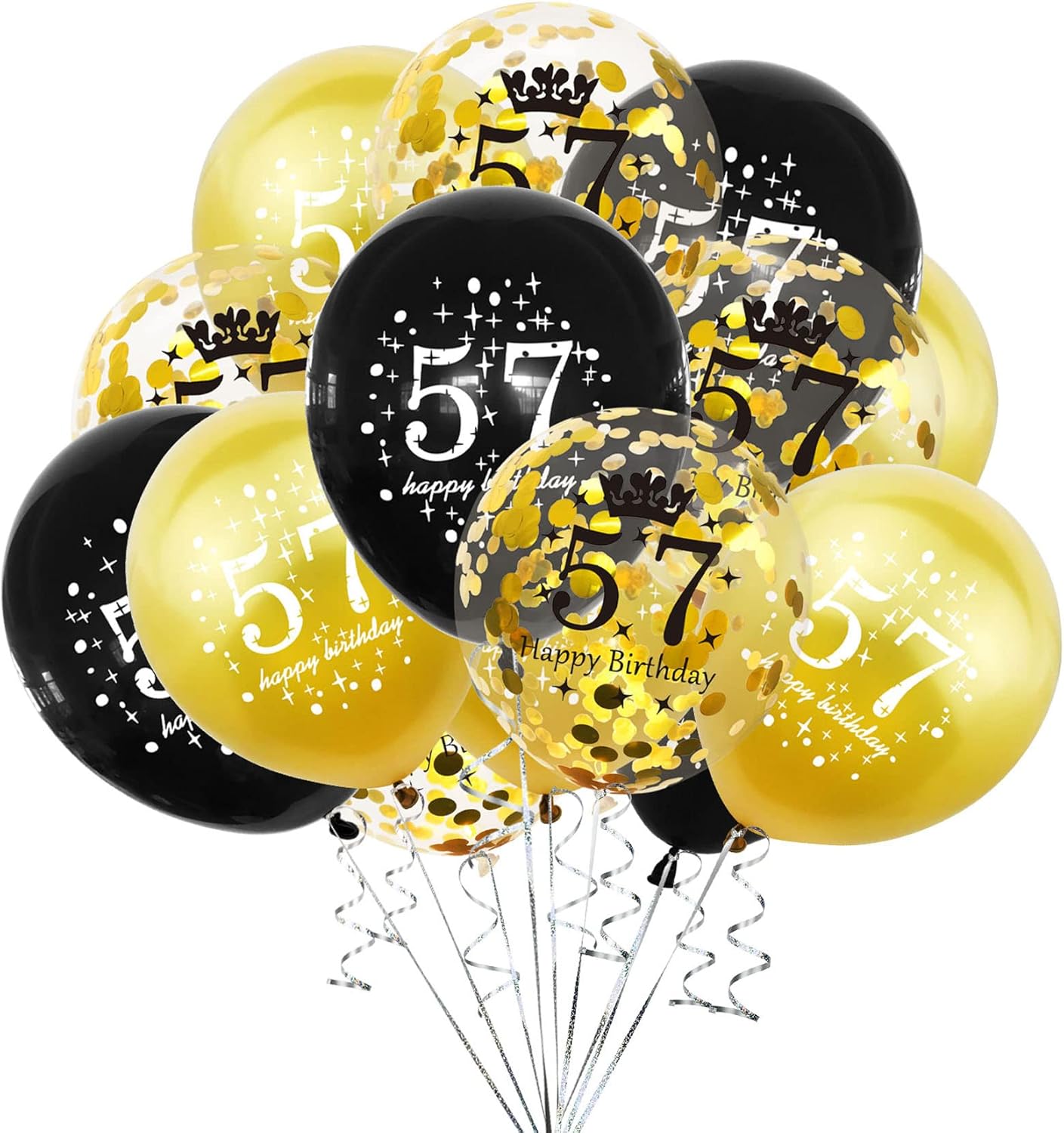 SHUNTAI Globo de cumpleaños número 57 dorado y negro, decoraciones de cumpleaños 57 para hombres y mujeres, globos de látex con confeti de 57 años,