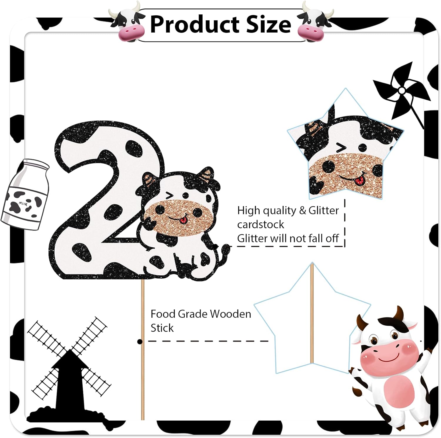 Decoración para pastel de 2 cumpleaños de vaca con purpurina blanca, decoración de pastel de vaca sagrada con texto en inglés “I’m Two” para niños y