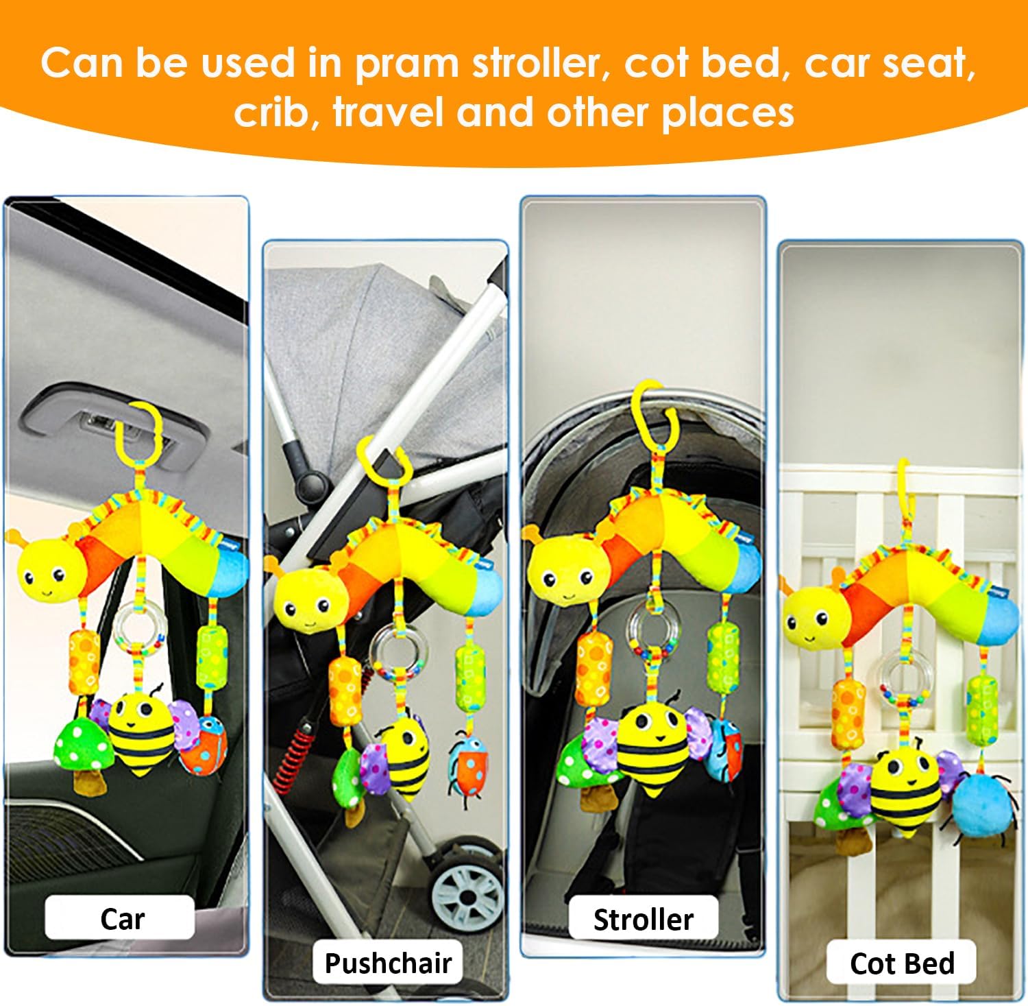 LAT – Juguete colgante de actividad para asiento de automóvil y cochecito de bebé, juguetes para bebés, felpa suave con campanillas de viento de