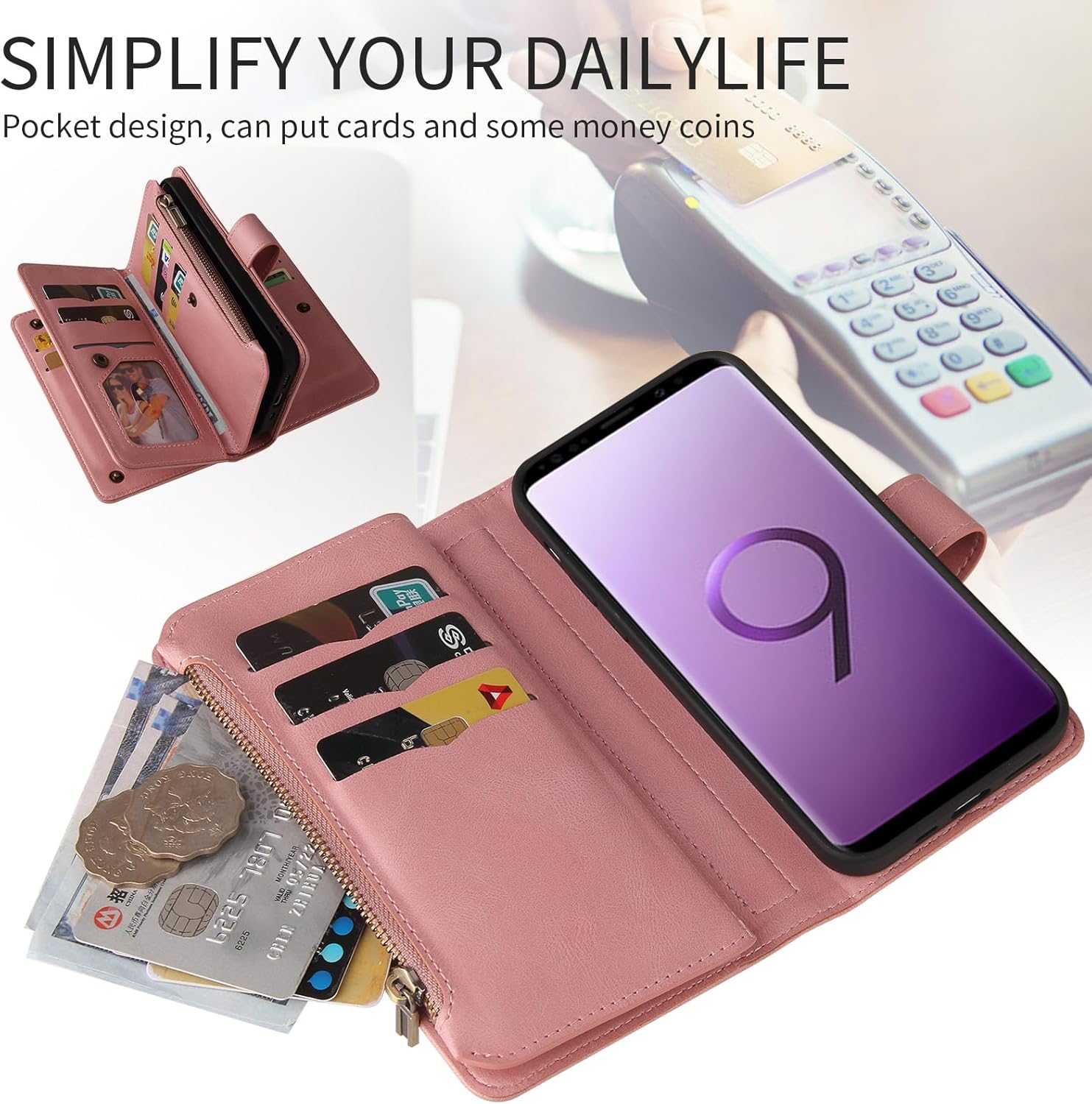 Asuwish Funda de teléfono para Samsung Galaxy S9 con protector de pantalla de vidrio templado y correa para la muñeca de cuero con tapa para tarjeta