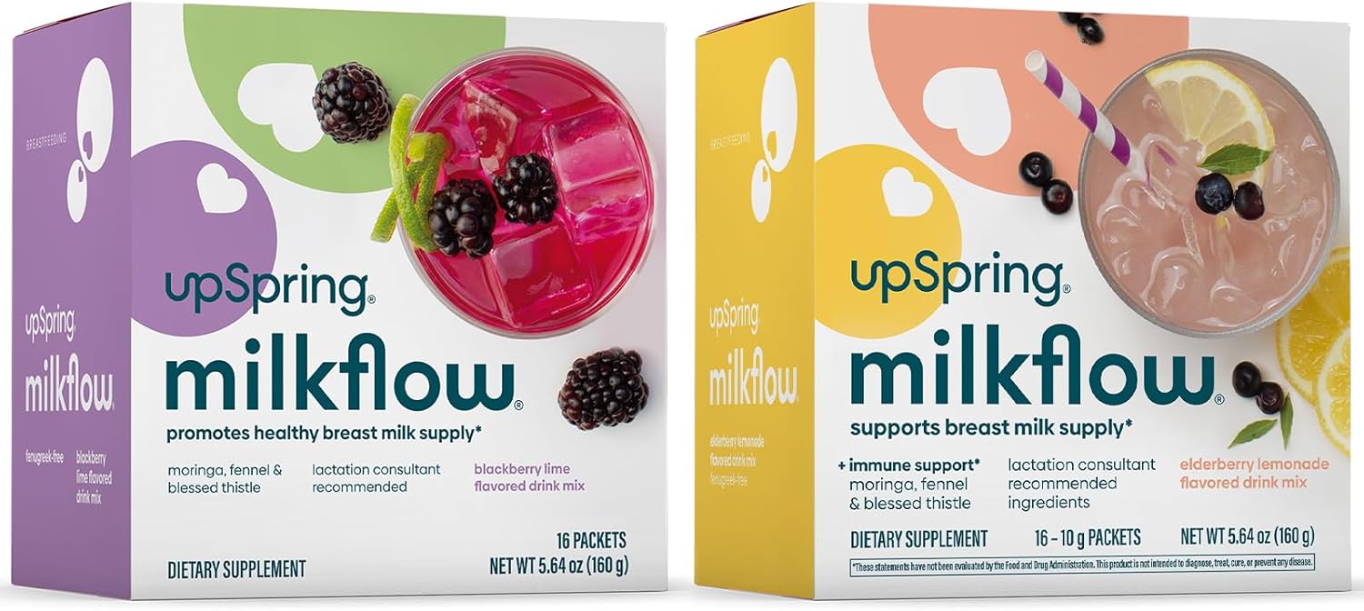 UpSpring Milkflow – Mezcla de bebida de suplemento para lactancia materna, sin fenogreco, moringa  Sabores de limonada de mora y lima de saúco