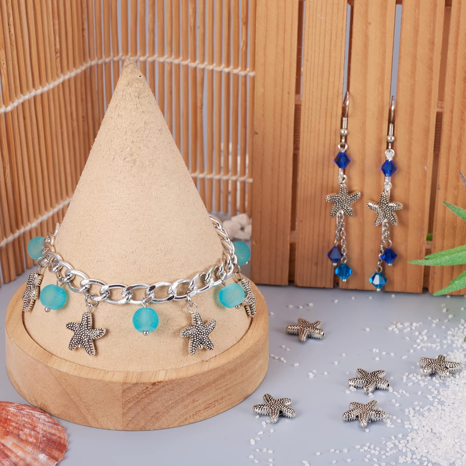 Cheriswelry 100 cuentas de aleación de estrella de mar de plata antigua de 0.531 in, cuentas espaciadoras de estrellas de mar estilo tibetano,