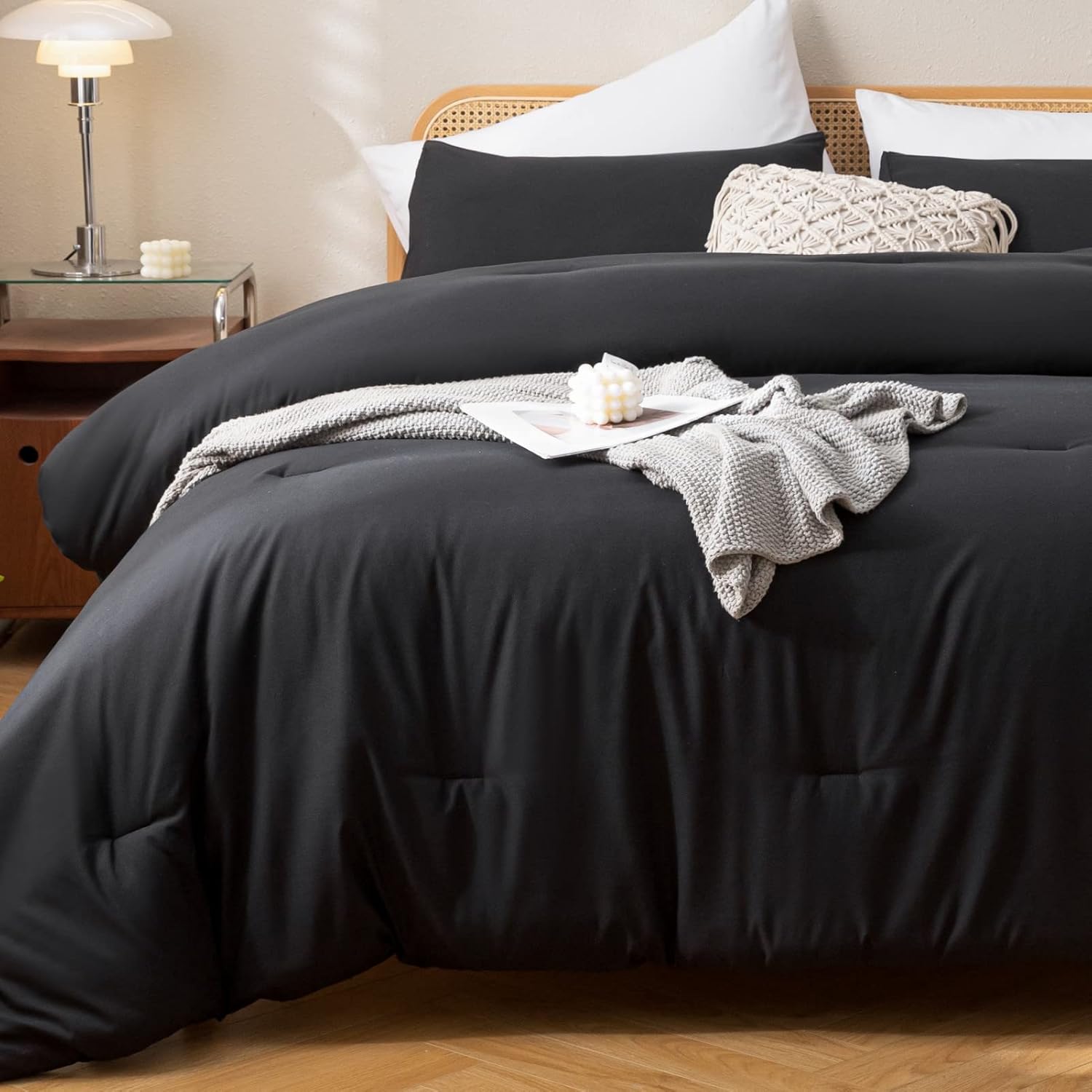 ROSGONIA Juego de edredón tamaño California King, color negro, 3 piezas (1 edredón bohemio Cal King y 2 fundas de almohada), ropa de cama para todas