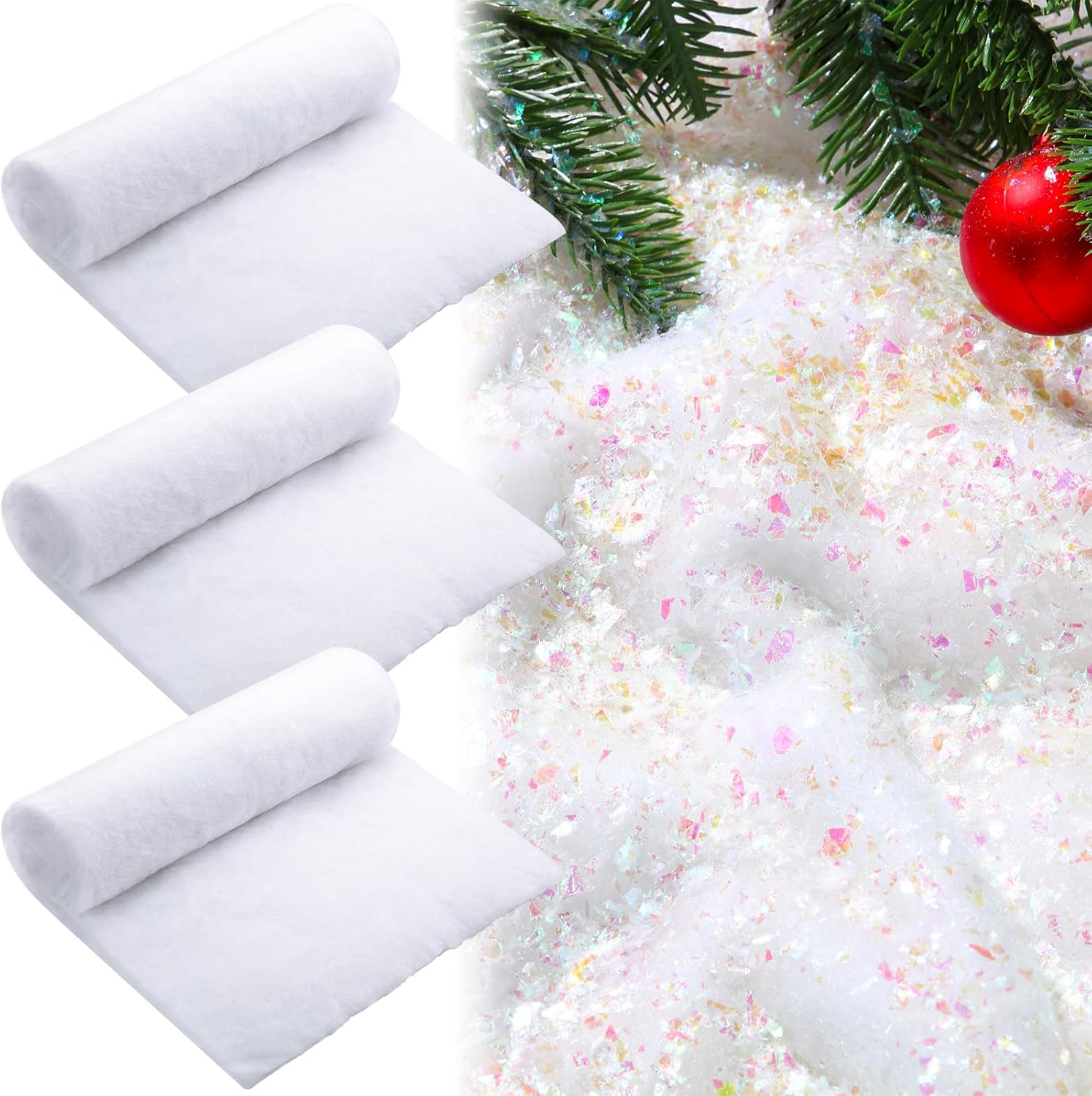 Aoriher Juego de rollos de nieve falsa de Navidad de 10.6 onzas y 3 piezas de manta de nieve artificial para Navidad, cubierta de nieve falsa gruesa