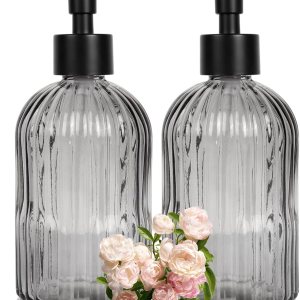 Paquete de 2 dispensadores de jabón de vidrio de 11 onzas con bomba de plástico, dispensador de jabón de manos recargable con diseño de rayas Paquete de 2 dispensadores de jabón de vidrio de 11 onzas con bomba de plástico, dispensador de jabón de manos recargable con diseño de rayas