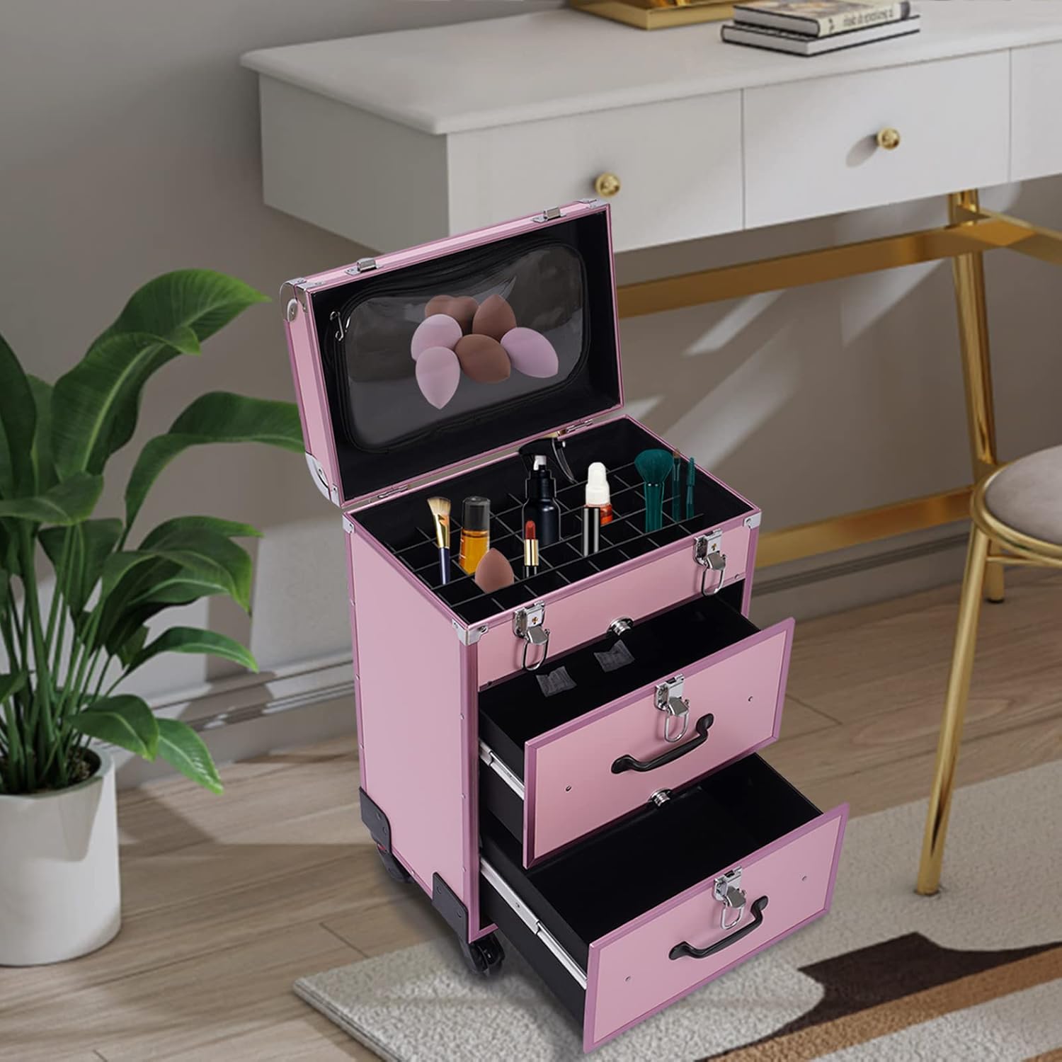 HYYKJ-US Estuche de tren de maquillaje profesional de aluminio grande con ruedas y llaves, organizador multifuncional de almacenamiento de