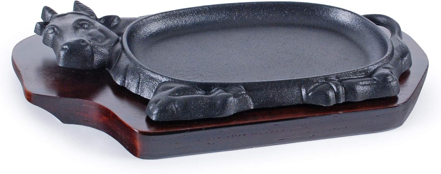 Plato de carne de hierro fundido con base de madera, parrilla de servidor de fajita, uso doméstico o suministro de restaurante (forma de vaca, 10.5