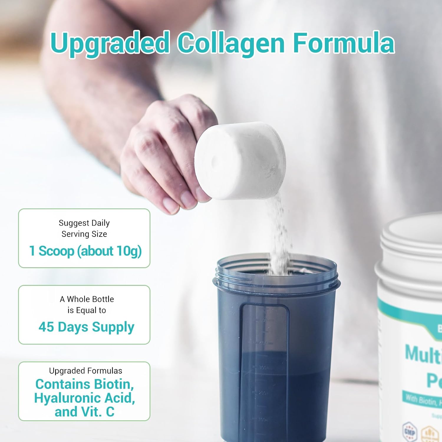 Polvo de péptidos de colágeno múltiple – Tipo I, II, III, V, X con VC, ácido hialurónico, biotina, colágeno en polvo sin sabor, 45 porciones,