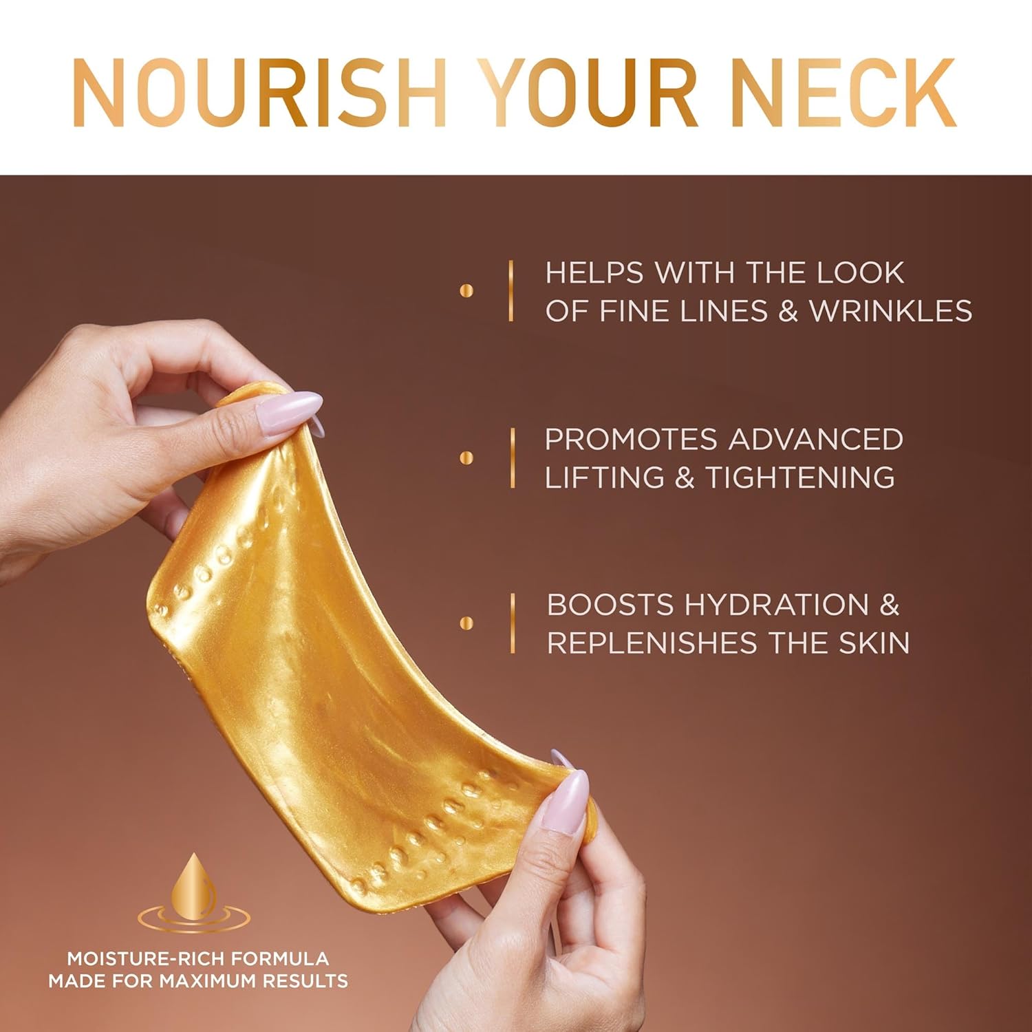 DERMORA Máscara de tratamiento para la piel, máscara de cuello con brillo dorado, paquete de 20 máscaras de gel para el cuello, máscaras