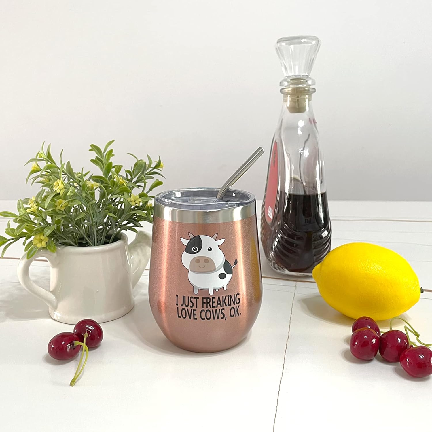 Waldeal Vaso de vino de vacas con tapa y pajita, taza de vino nsulada de acero inoxidable, 12 onzas para café, champaña, cóctel, cerveza, helado