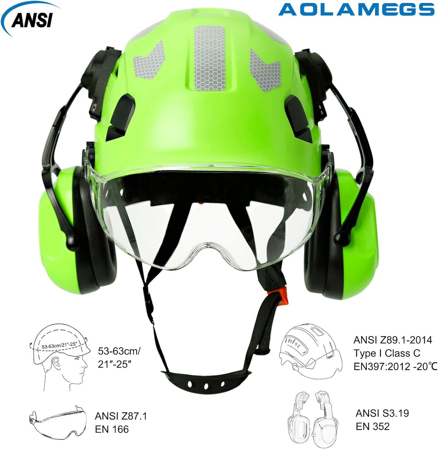 AOLAMEGS Casco duro de construcción con visera y orejeras  Casco de seguridad aprobado por la OSHA, ANSI Z89.1 ABS con protección para los ojos y