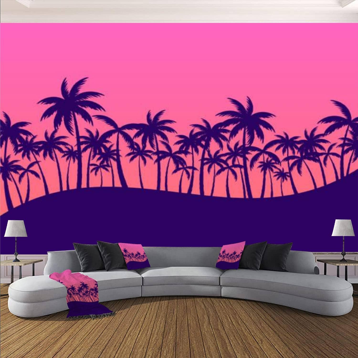 Murales de pared modernos 3D de paisaje nocturno de palmeras, siluetas de palmeras al atardecer, papel tapiz tropical para despegar y pegar,
