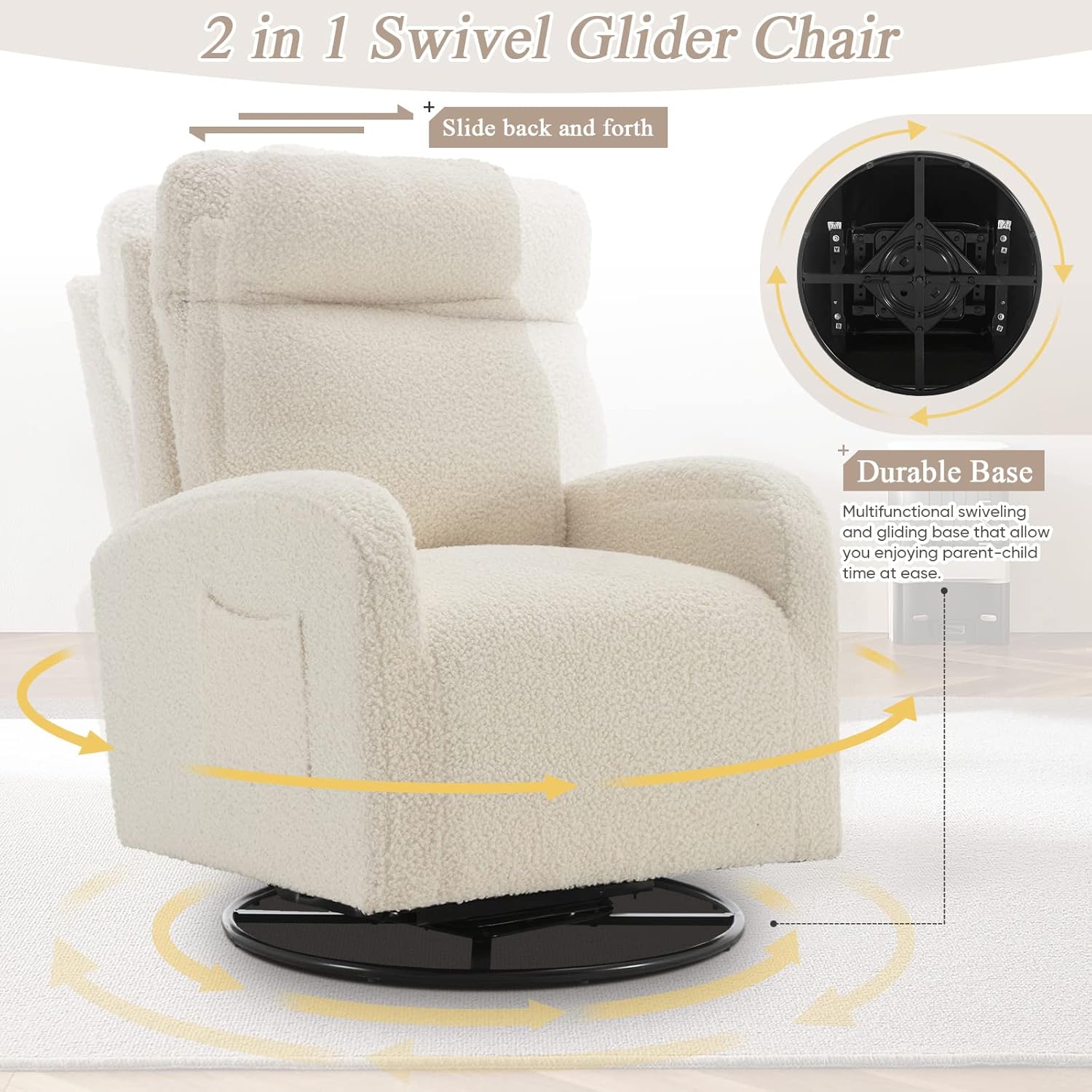 Antetek Silla giratoria deslizante, silla giratoria de 360 grados con respaldo alto, silla moderna de tela de peluche para guardería, sala de estar,