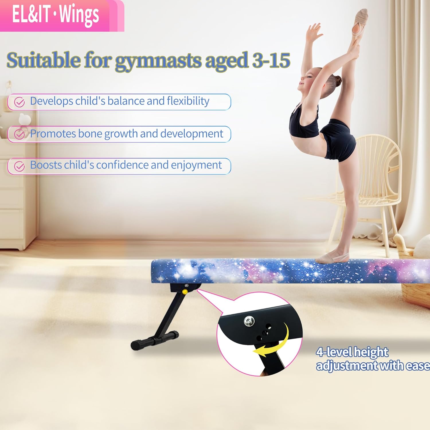 EL&ITWings Viga de equilibrio de gimnasia de 6 pies, viga ajustable de piso de nivel alto y bajo, altamente estable, equipo de entrenamiento de
