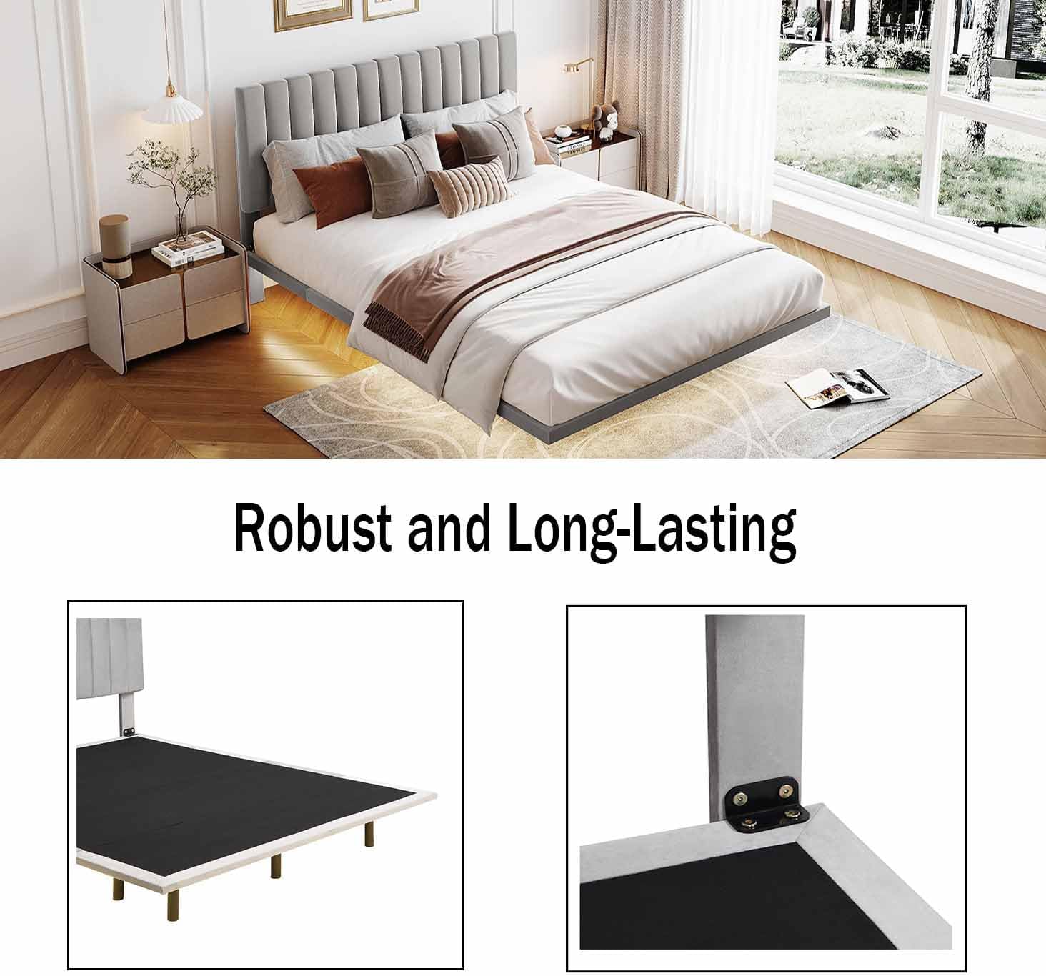 Base de cama flotante Queen con luz LED  cabecero, base de cama moderna de tela de terciopelo, base de colchón, soporte de listones de madera, no