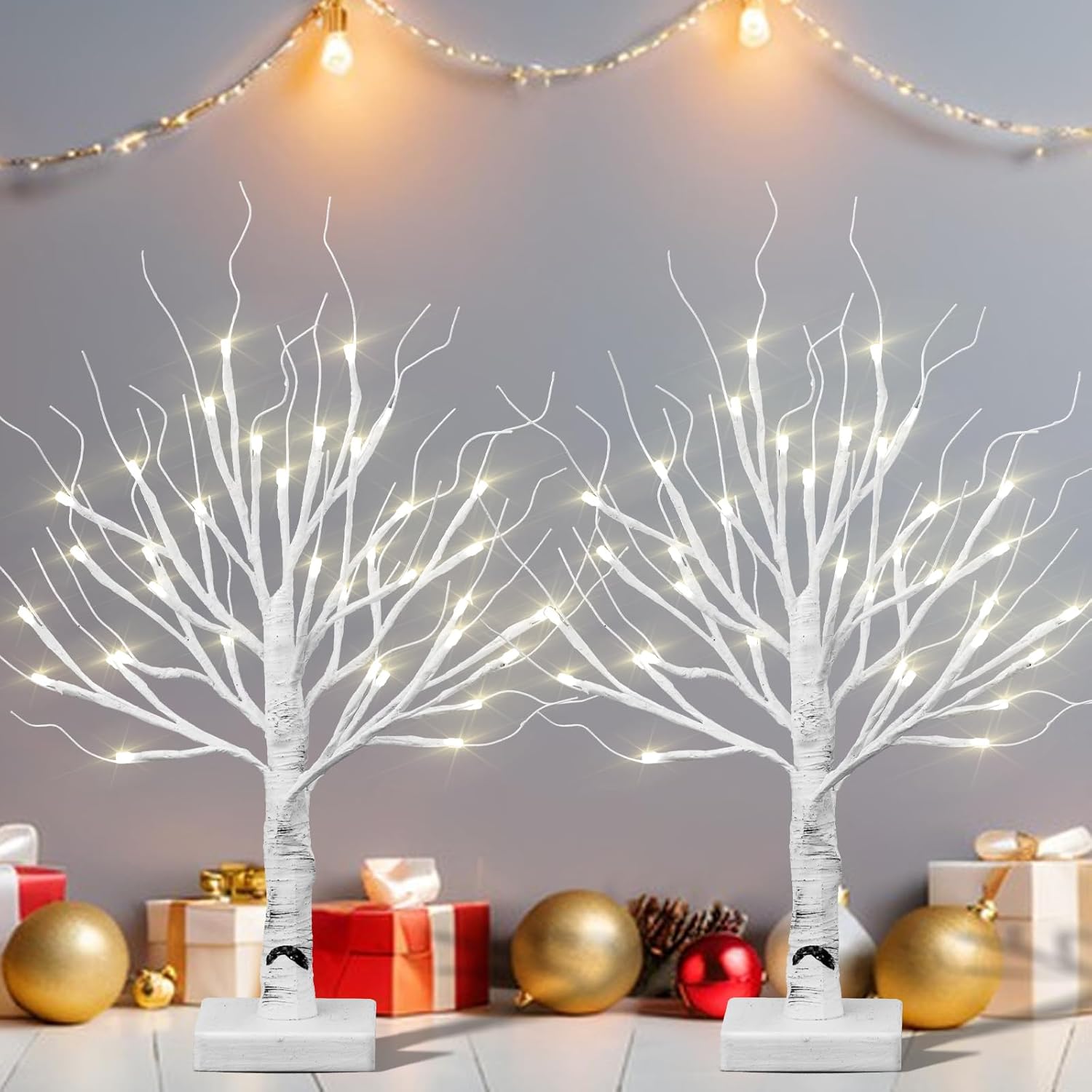 BDUSXYZ Árbol de abedul iluminado con 36 luces LED para decoraciones de San Patricio, juego de 2 árboles artificiales iluminados, árbol bonsái de