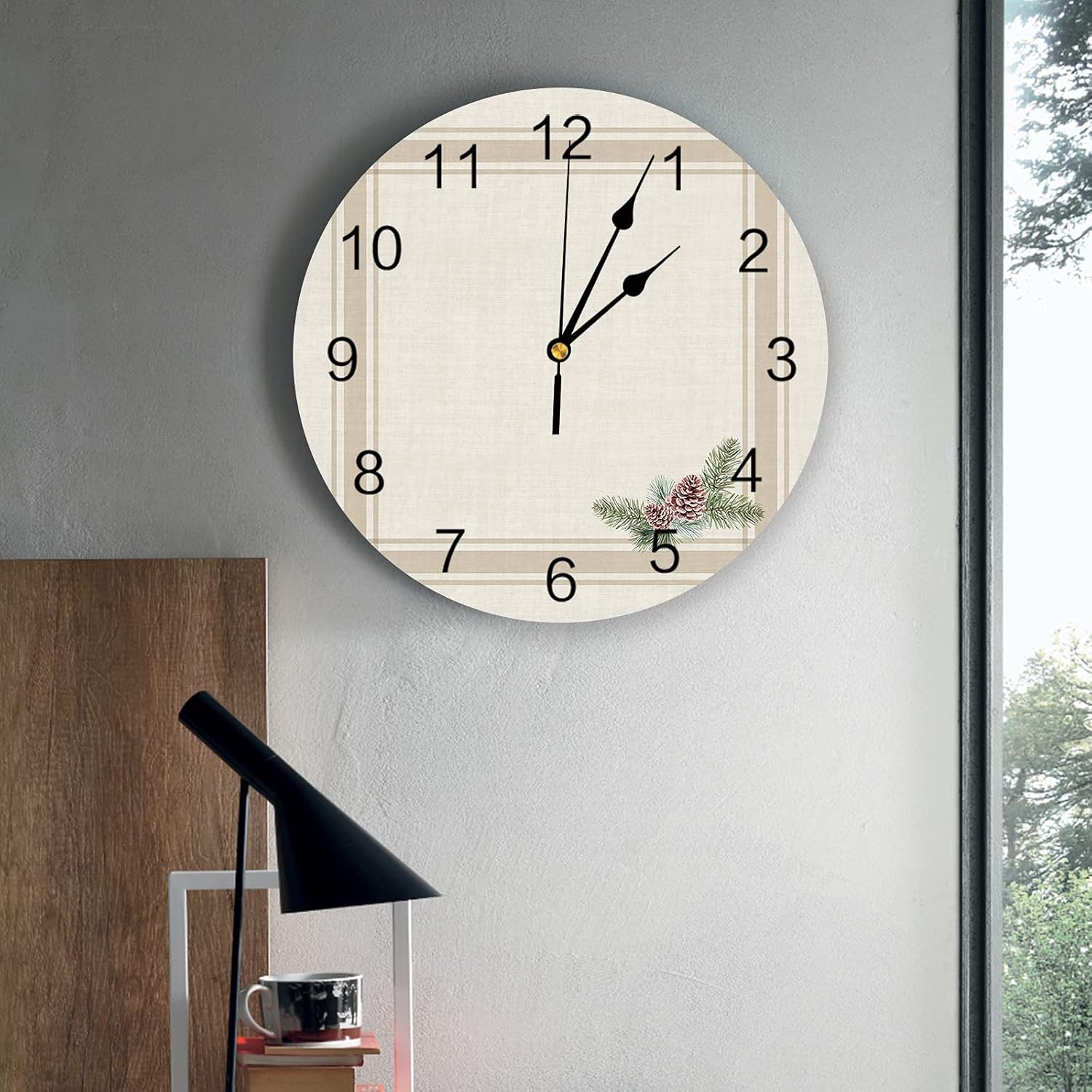 Reloj de pared de 12 pulgadas, silencioso sin tictac, funciona con pilas, conos de pino retro de granja de Navidad con esfera de números redondos