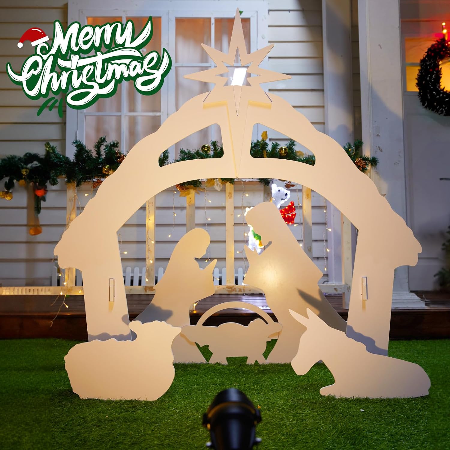 Belén para exteriores  Grandes juegos de Belén de Navidad 3D con focos, decoración de 3.8 pies, decoración de la familia sagrada de 45 pulgadas para