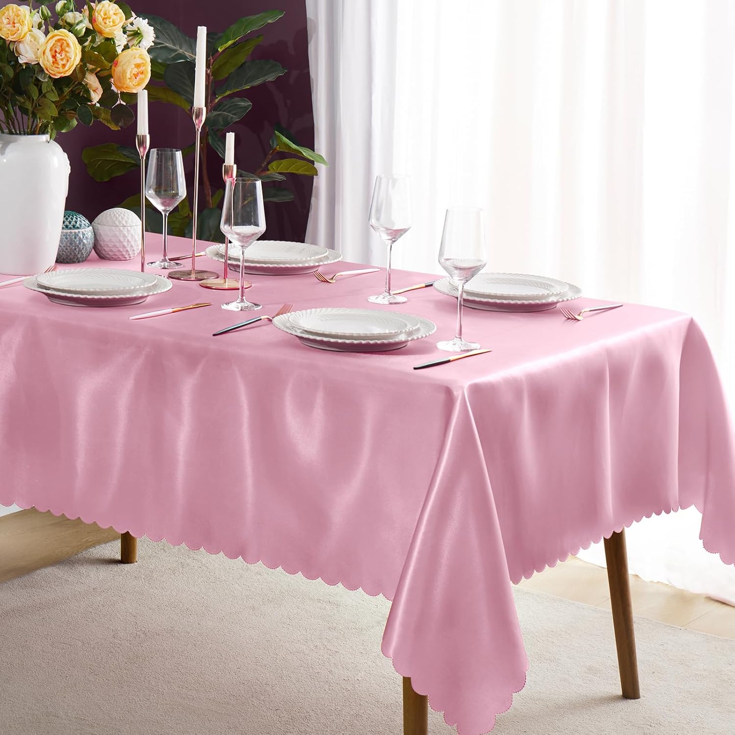 Paquete de 6 manteles de satén rosa de 58 x 102 pulgadas, rectangular, brillante, sedoso y suave, para decoración de banquete de boda, fiesta