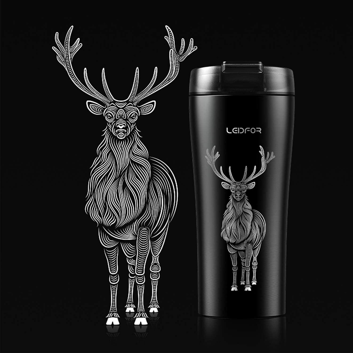 Taza de viaje de café con tapa antiderrames, vaso de acero inoxidable de doble pared aislado al vacío, taza térmica para bebidas, 16 onzas, alce