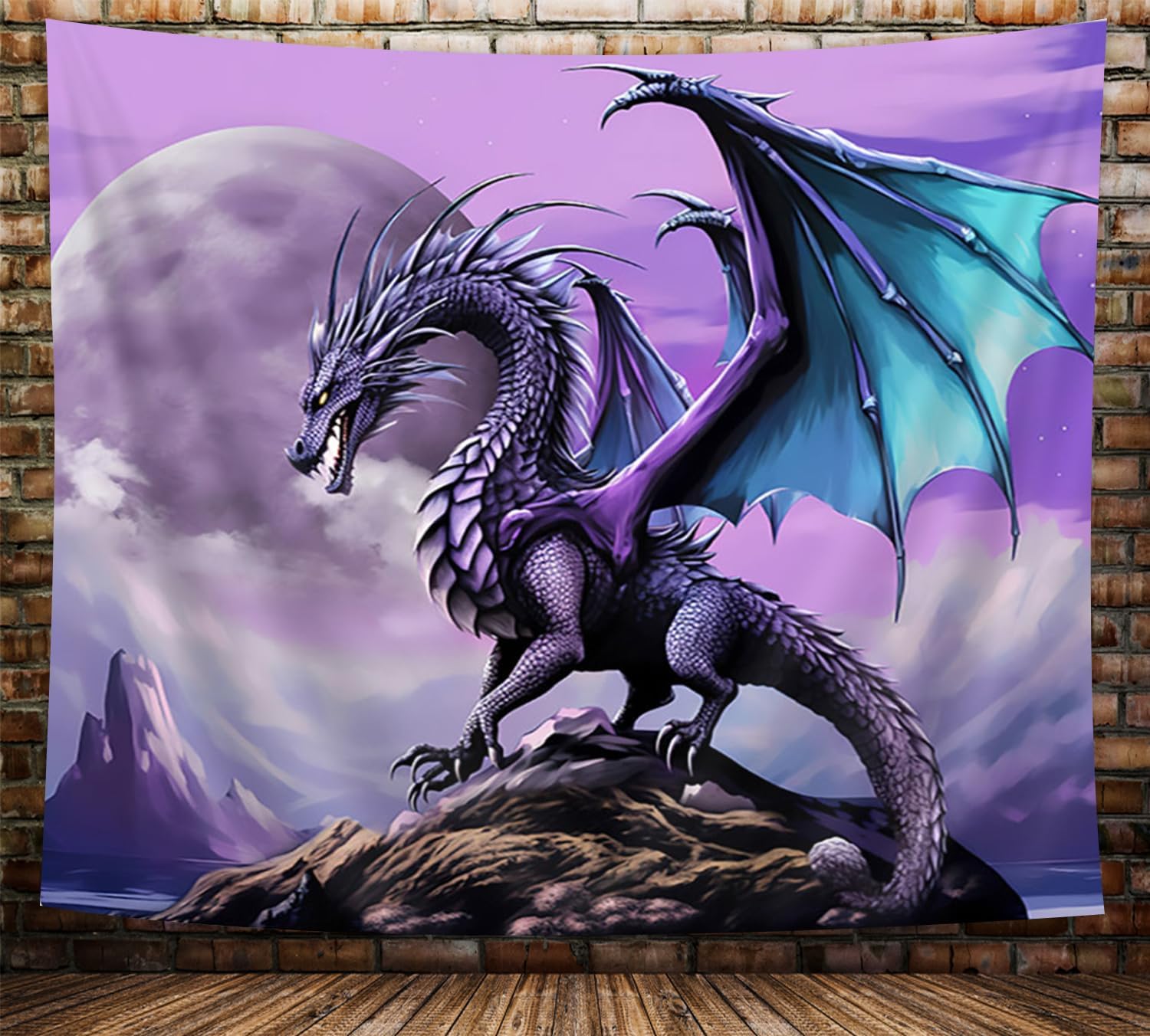 Tapiz de dragón púrpura Trippy, diseño de dragón psicodélico de la luna gótica anime en la montaña hippie Art Tapiz para dormitorio estético, tapiz