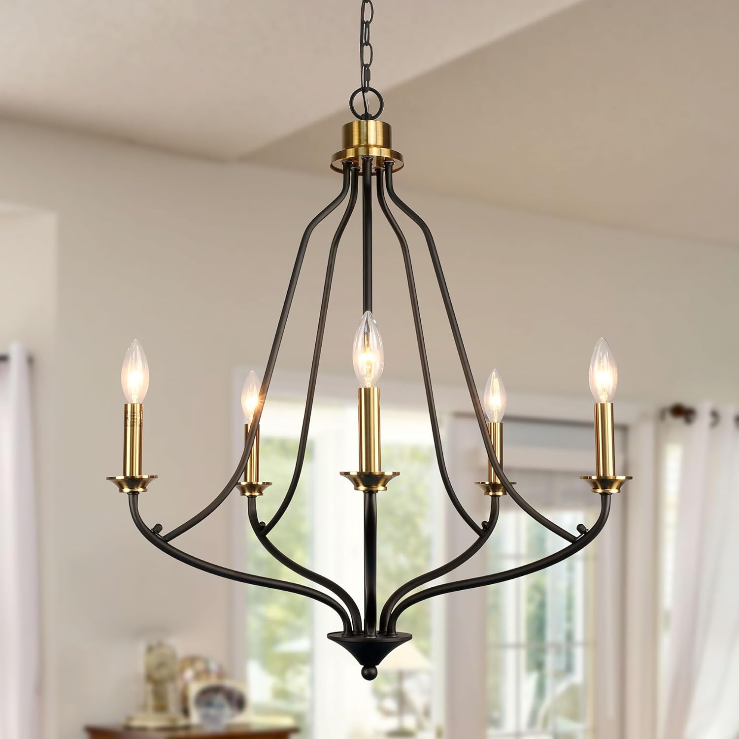 Candelabro de 5 luces color negro mate y latón, 25 pulgadas, color dorado cepillado, iluminación colgante moderna para isla de cocina, comedor y