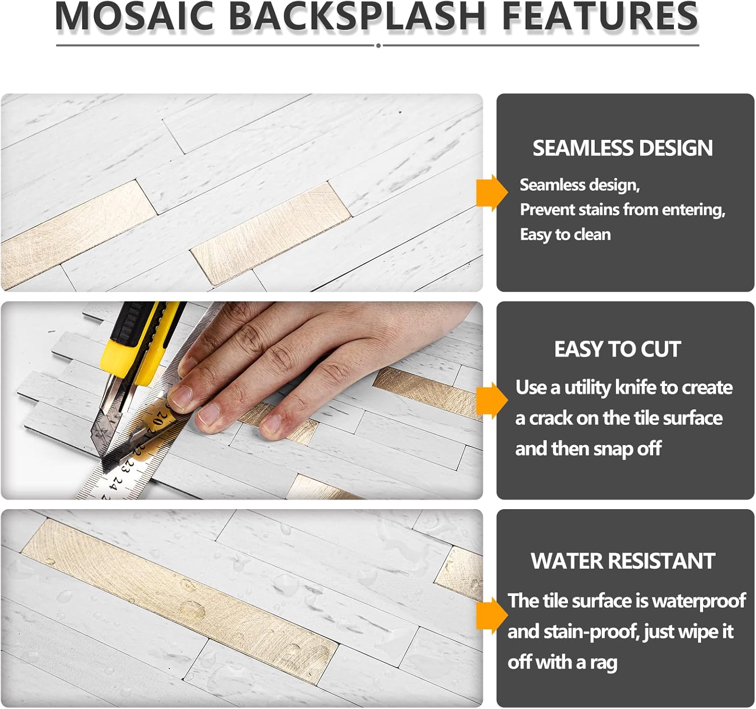 STICKGOO 20 hojas de azulejos autoadhesivos para salpicaduras para cocina y baño, aspecto de arenisca blanca, PVC, mezcla de metal dorado, azulejos