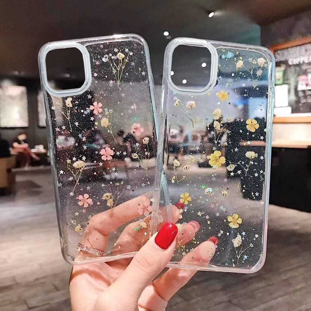 YTanazing Funda diseñada para iPhone 15, funda de goma suave y transparente flexible prensada con flores reales secas para niñas, funda protectora