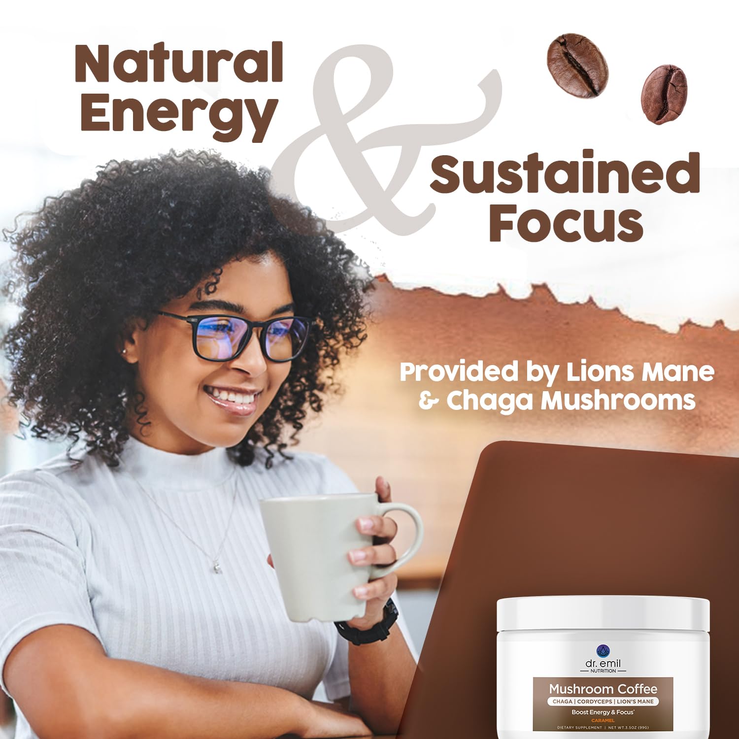 Dr. Emil – Café de hongos para concentración y energía, café instantáneo con melena de león, chaga y cordyceps – Delicioso sabor a caramelo y
