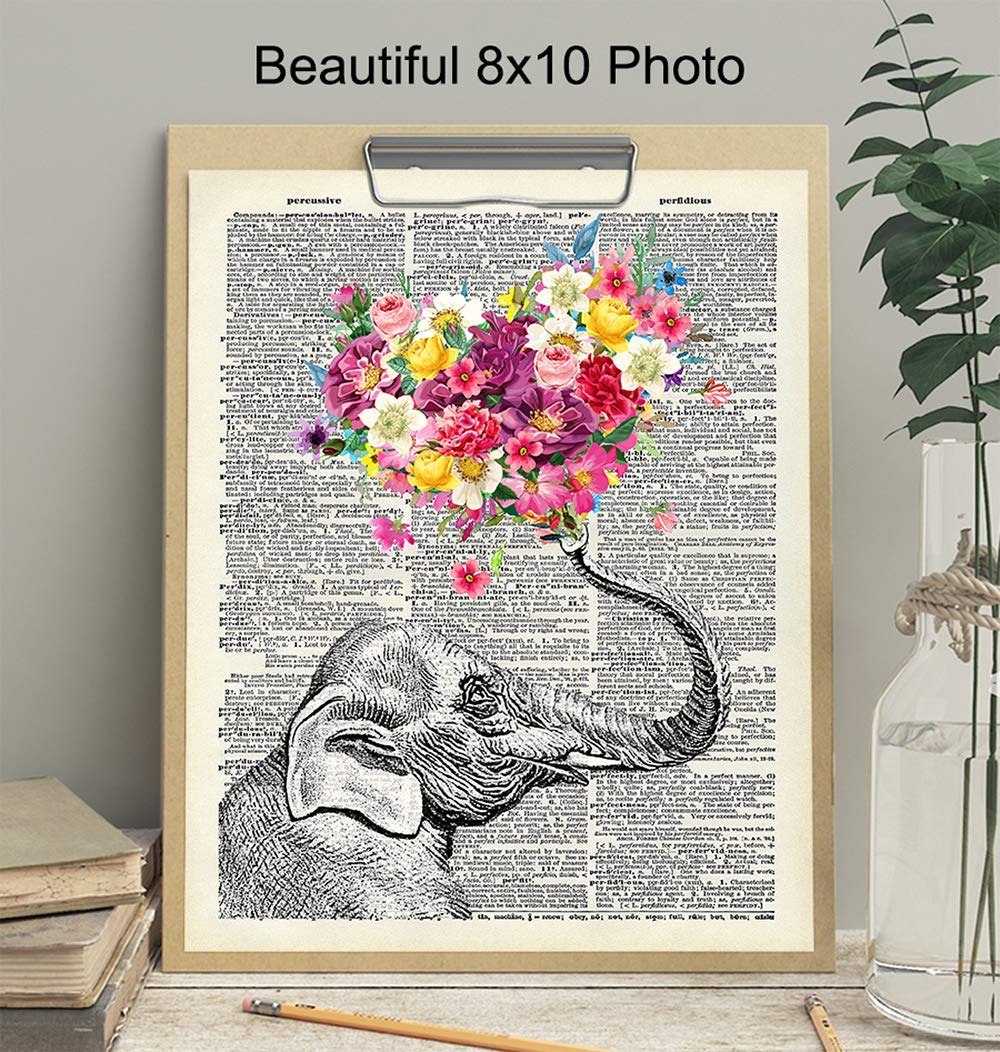 Elephant Dictionary Art Print – 8×10 Sweet Shabby Chic Poster for Home, Wall, Room Decor, Decoration, Bedroom, Bathroom – Cool, Unique Romantic Gift