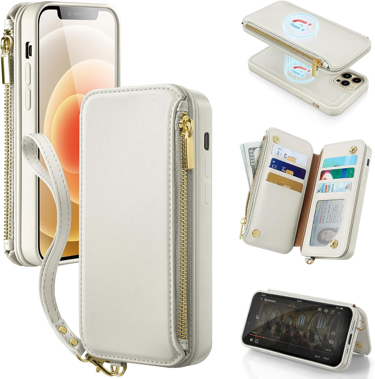 Antsturdy Funda tipo cartera desmontable 2 en 1 para iPhone 14 Pro Max con MagSafe, bloqueo RFID, carga magnética, inalámbrica, funda de piel