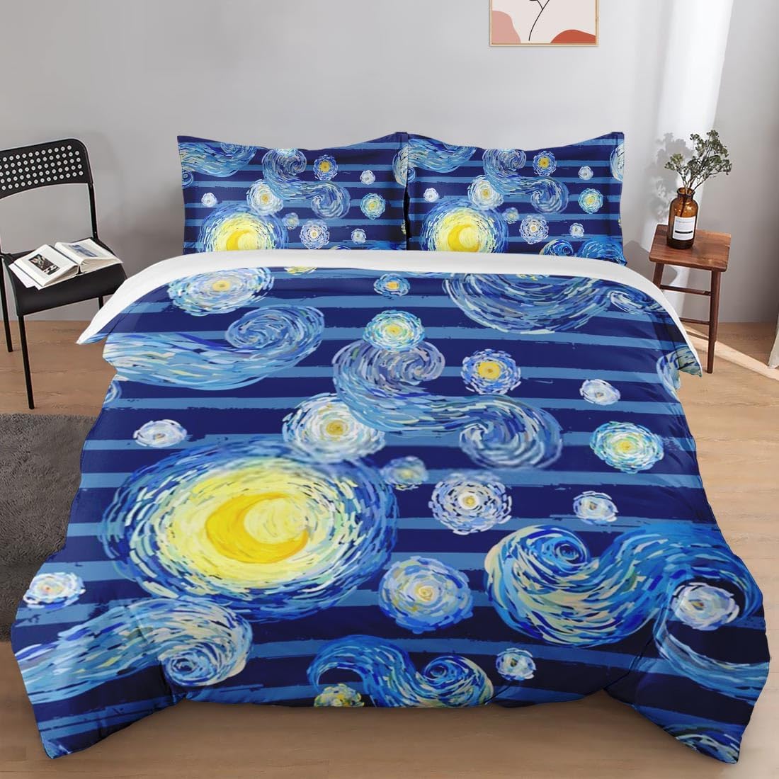 Juego de funda de edredón, luna amarilla estrellada para niños y adultos, decoración de dormitorio de niños y adultos, juego de funda de edredón